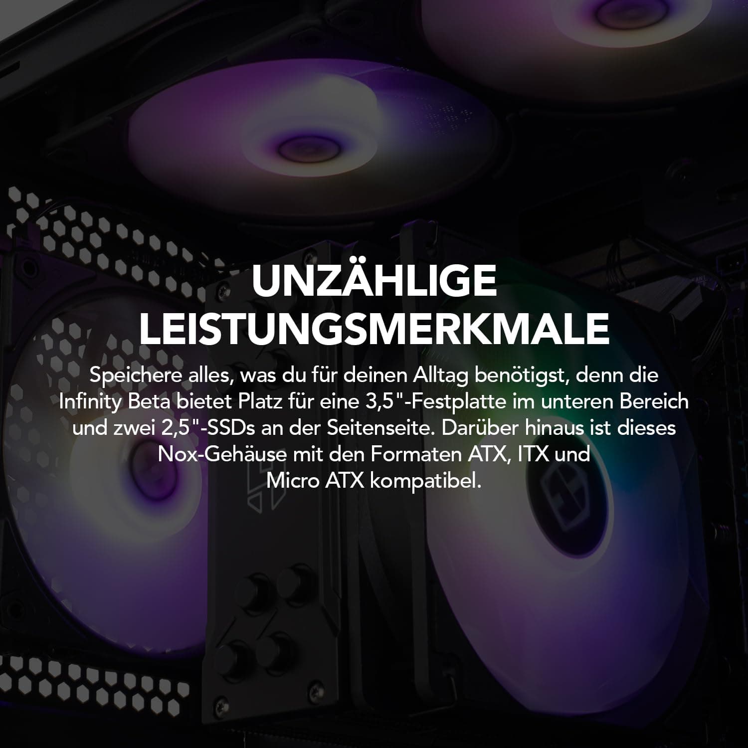 NOX Xtreme Products Infinity BETA – Micro-ATX/ITX Midi-Tower mit Seitenfenster aus gehärtetem Glas, Mesh-Front, Platz für 8 Lüfter, kompatibel mit Grafikkarten bis 300 mm, USB 3.0, Schwarz Bild 8