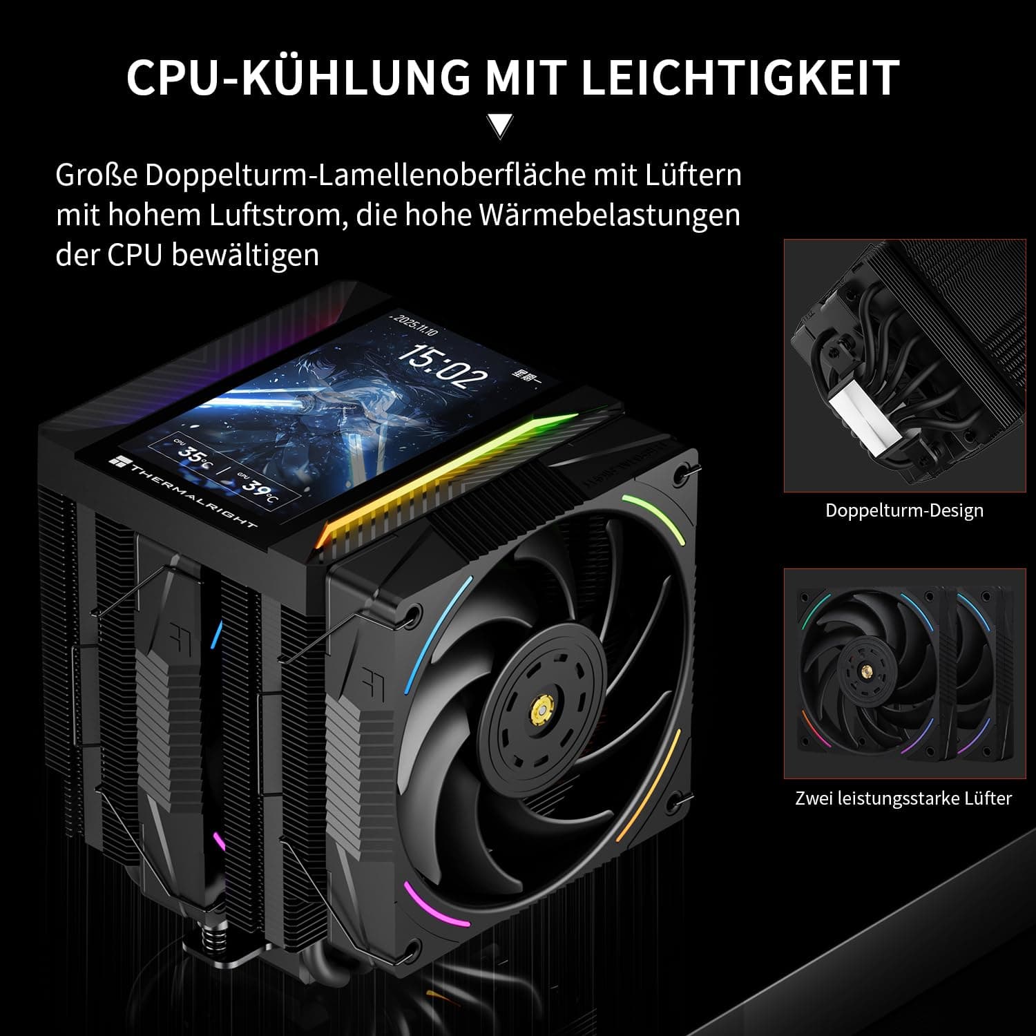 Thermalright TR Peerless Assassin 120 VISION MAX ARGB Black CPU-Luftkühler, Dual-Tower Kühler 2150 U/min, 5 Zoll IPS Display (480x854 Auflösung), PC-Kühler für Intel LGA1851/1700/115X und AMD AM4/AM5 Schwarz-PA120 VISION MAX ARGB BLACK- Bild 5