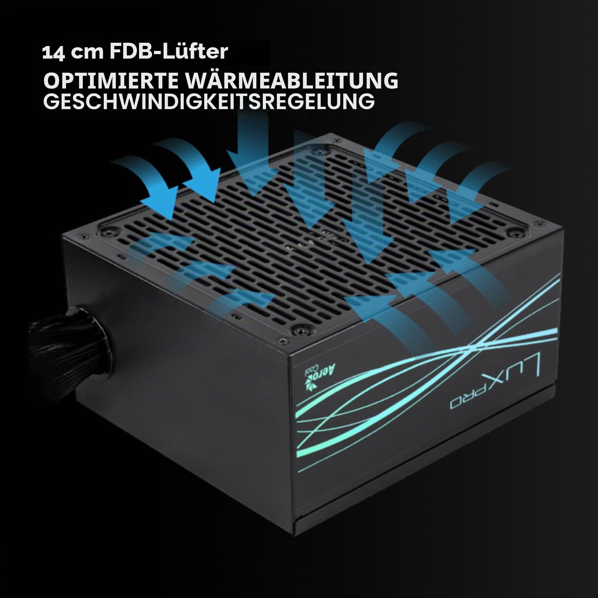 Aerocool LUXPRO550, Netzteil 550W, 80Plus Bronze 230V EU Zertifiziert, Wirkungsgrad +88%, Japanische Kondensatoren 105°C, FDB 14cm Lüfter mit APFC Technologie, 5 Jahre Garantie, Schwarz Bild 7