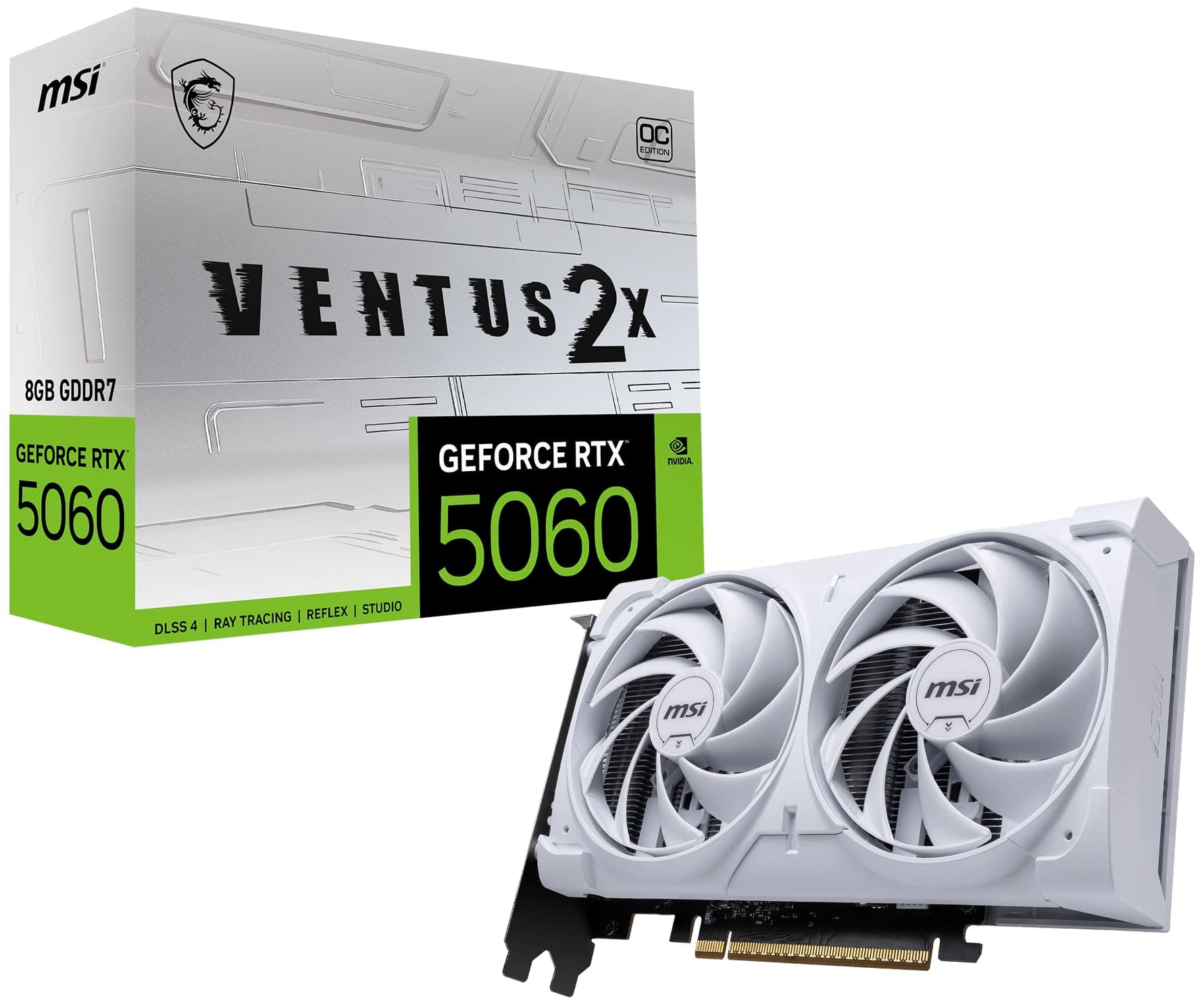 MSI Gaming RTX 5060 8G Ventus 2X OC Grafikkarte, weiß (8 GB GDDR7, TBA-bit, extreme Leistung: TBA MHz, DisplayPort x3 2.1a, HDMI 2.1b, NVIDIA Blackwell Architecture)