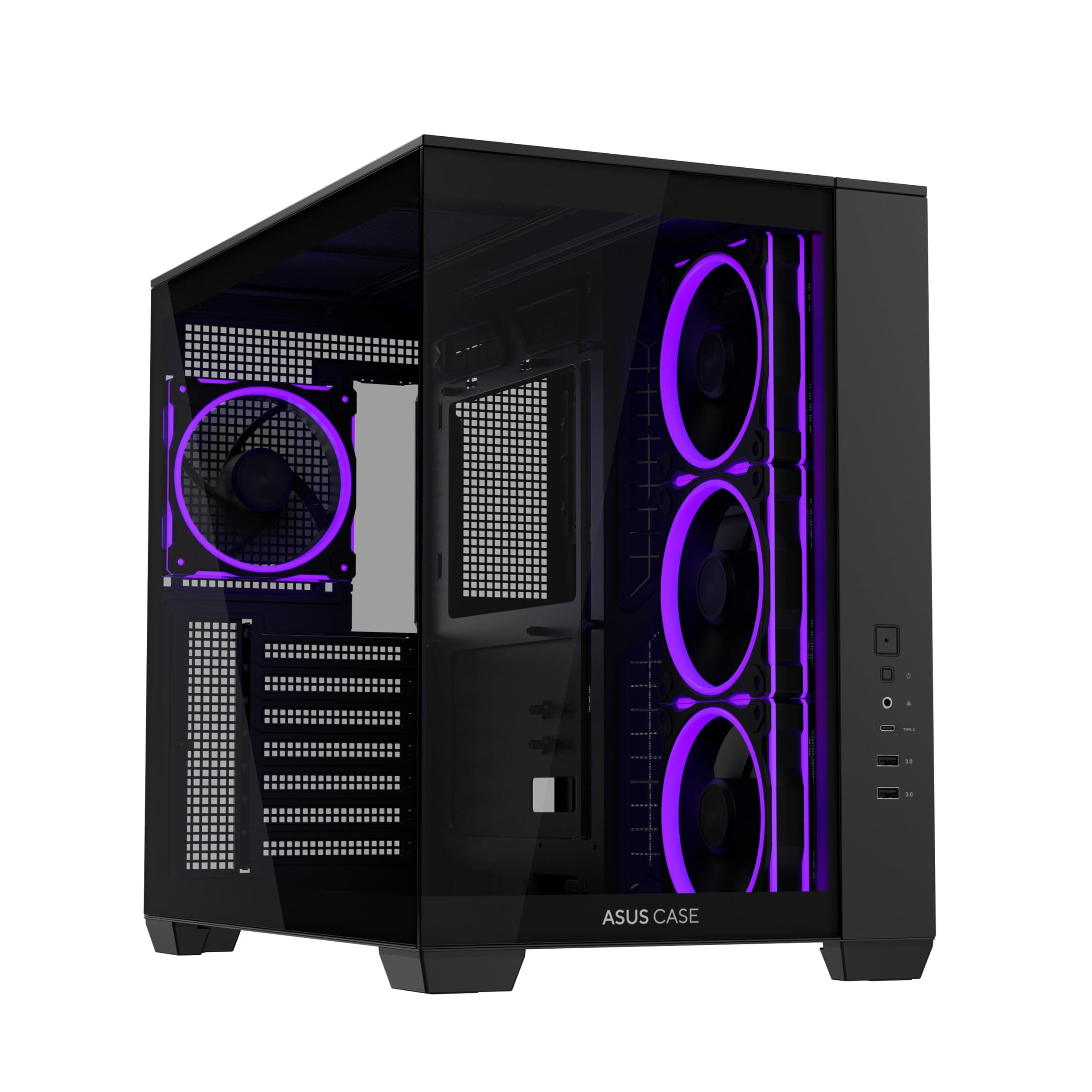 ASUS A32 Plus Black ATX-PC Gehäuse (vorinstallierte ARGB-Lüfter, Panorama-Design, Frontpanel aus Glas, kompatibel mit 360-mm-Radiatoren und 420-mm-Grafikkarten, Frontpanel USB Typ-C, Schwarz) Bild 2