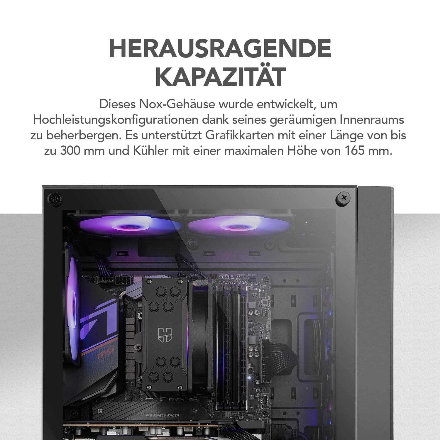 NOX Xtreme Products Infinity BETA – Micro-ATX/ITX Midi-Tower mit Seitenfenster aus gehärtetem Glas, Mesh-Front, Platz für 8 Lüfter, kompatibel mit Grafikkarten bis 300 mm, USB 3.0, Schwarz Bild 4