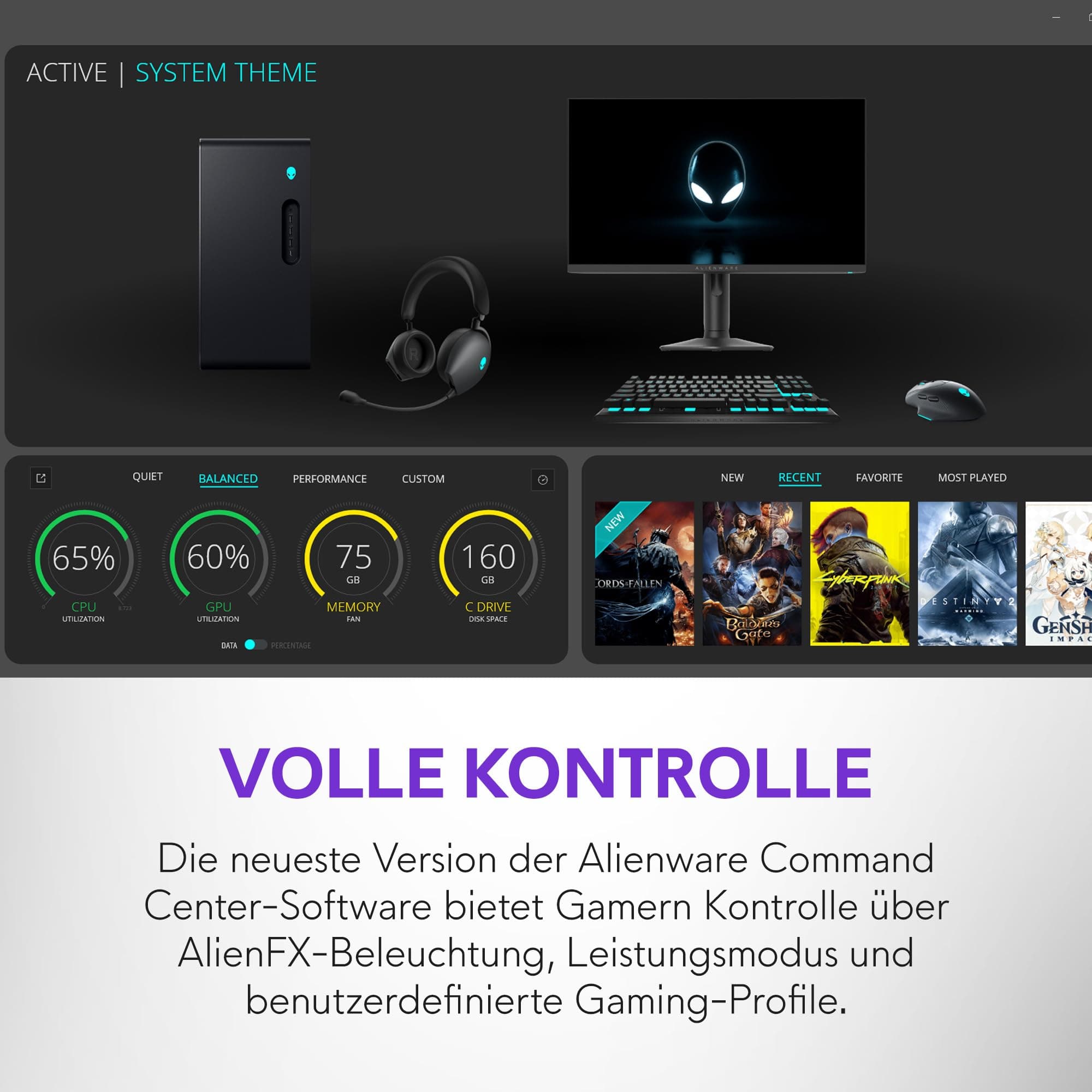 Alienware Aurora Gaming-PC ACT1250 – Intel Core Ultra 7 265KF Series 2, Nvidia GeForce RTX 5070, 32 GB DDR5, 1 TB SSD, Flüssigkühlung, 1000W Netzteil, Windows 11 Home, Seitenscheibe – Schwarz Basalt Intel Core Ultra 7 265KF 32 GB 1 TB NVIDIA RTX 5070 Bild 3