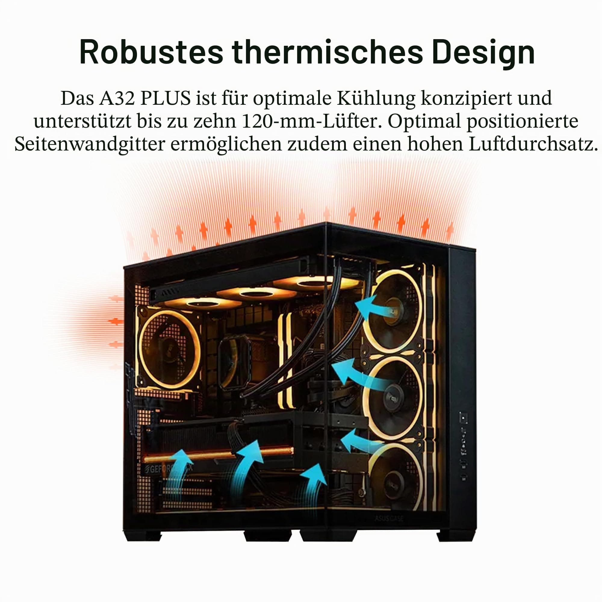 ASUS A32 Plus Black ATX-PC Gehäuse (vorinstallierte ARGB-Lüfter, Panorama-Design, Frontpanel aus Glas, kompatibel mit 360-mm-Radiatoren und 420-mm-Grafikkarten, Frontpanel USB Typ-C, Schwarz) Bild 5