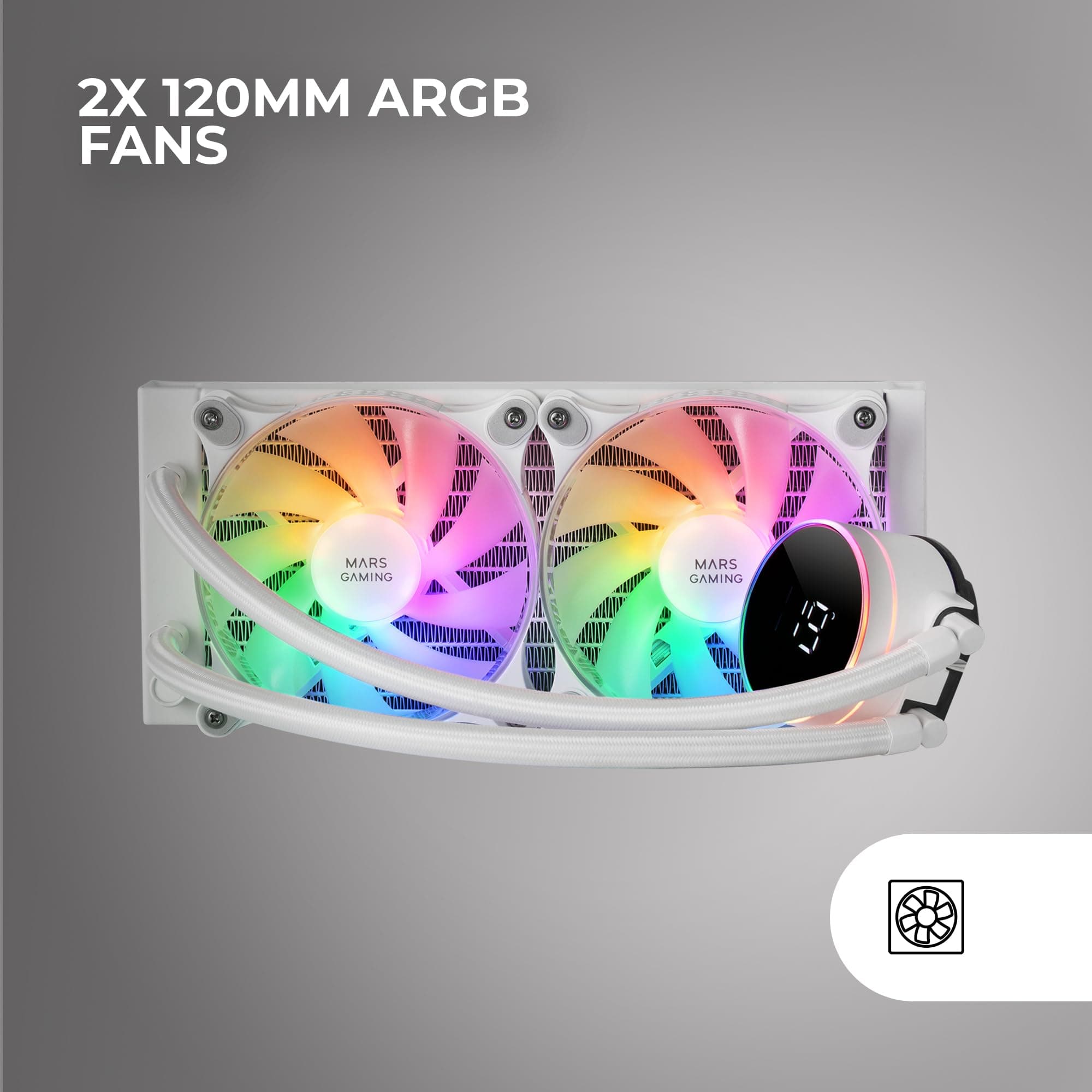Mars Gaming ML-LCD240, Flüssigkeitsgekühlter AIO, TDP 500W, 2x ARGB 120mm FDB Lüfter, LCD Display mit Temperaturüberwachung, Opti-Chamber 3rd Gen Pumpe, Universal Multisocket, Weiß MLLCD240W Bild 3