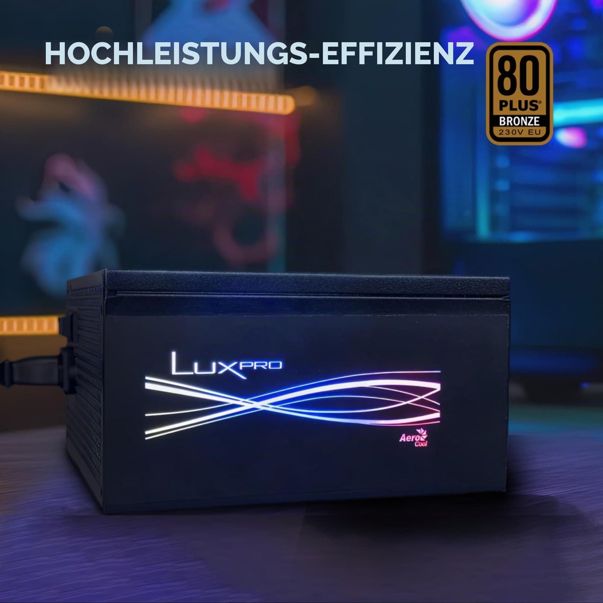 Aerocool LUXPRORGB550M, Semi-Modular RGB 550W Netzteil, 80Plus Bronze +88%, Japanische Kondensatoren, 14cm FDB-Lüfter mit APFC-Technologie, ARGB-kompatibel, 5 Jahre Garantie, Schwarz Bild 3
