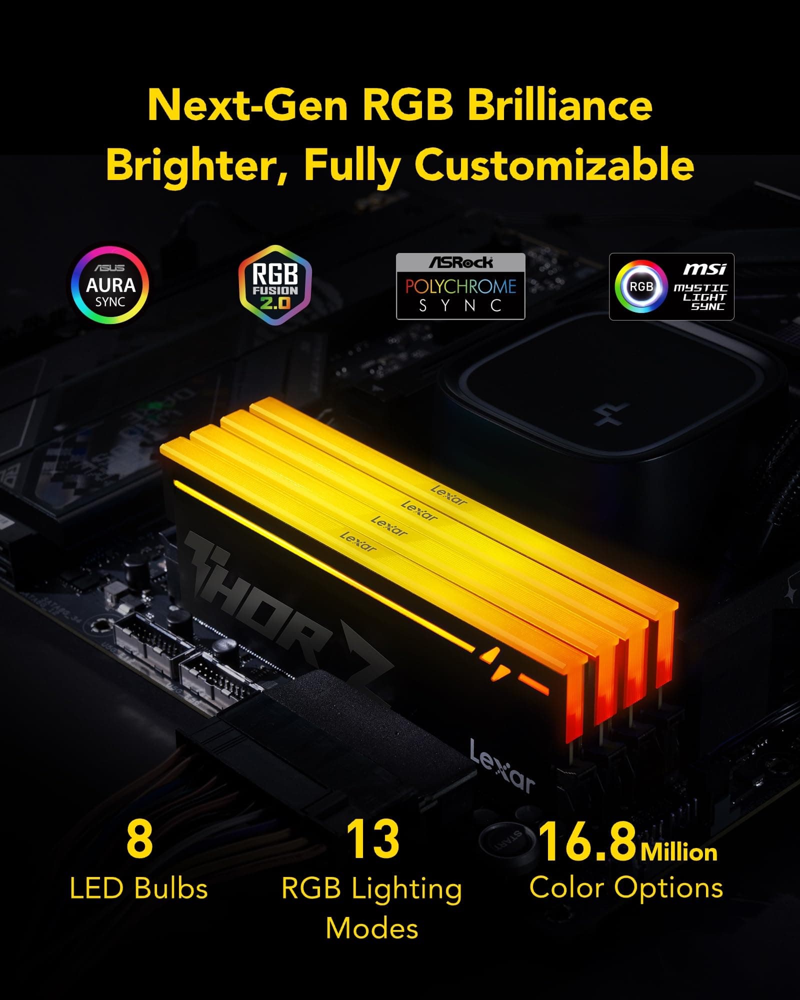 Lexar Thor Z Series RGB DDR5 RAM 32GB Kit (2x16GB) 6000 MHz, DRAM 288-Pin UDIMM Desktop-Speicher, Hochleistungs Gaming Computerspeicher unterstützt Intel XMP 3.0/AMD Expo, On-die ECC, 1.35V THOR Z 6000 MHz 32GB Kit (2x16GB) RGB CL38 Schwarz Bild 5