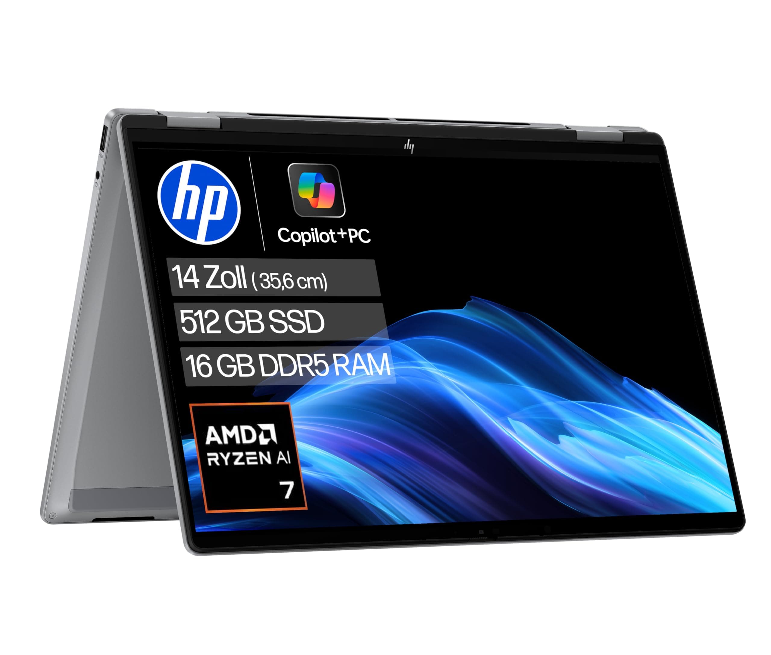 HP OmniBook X Flip 2-in-1 Laptop (14" 2K Touchscreen, AMD Ryzen AI 7, Copilot+, 16GB RAM, 512GB, Win11, QWERTZ) - Silber AMD Ryzen AI 7 350 512 GB SSD