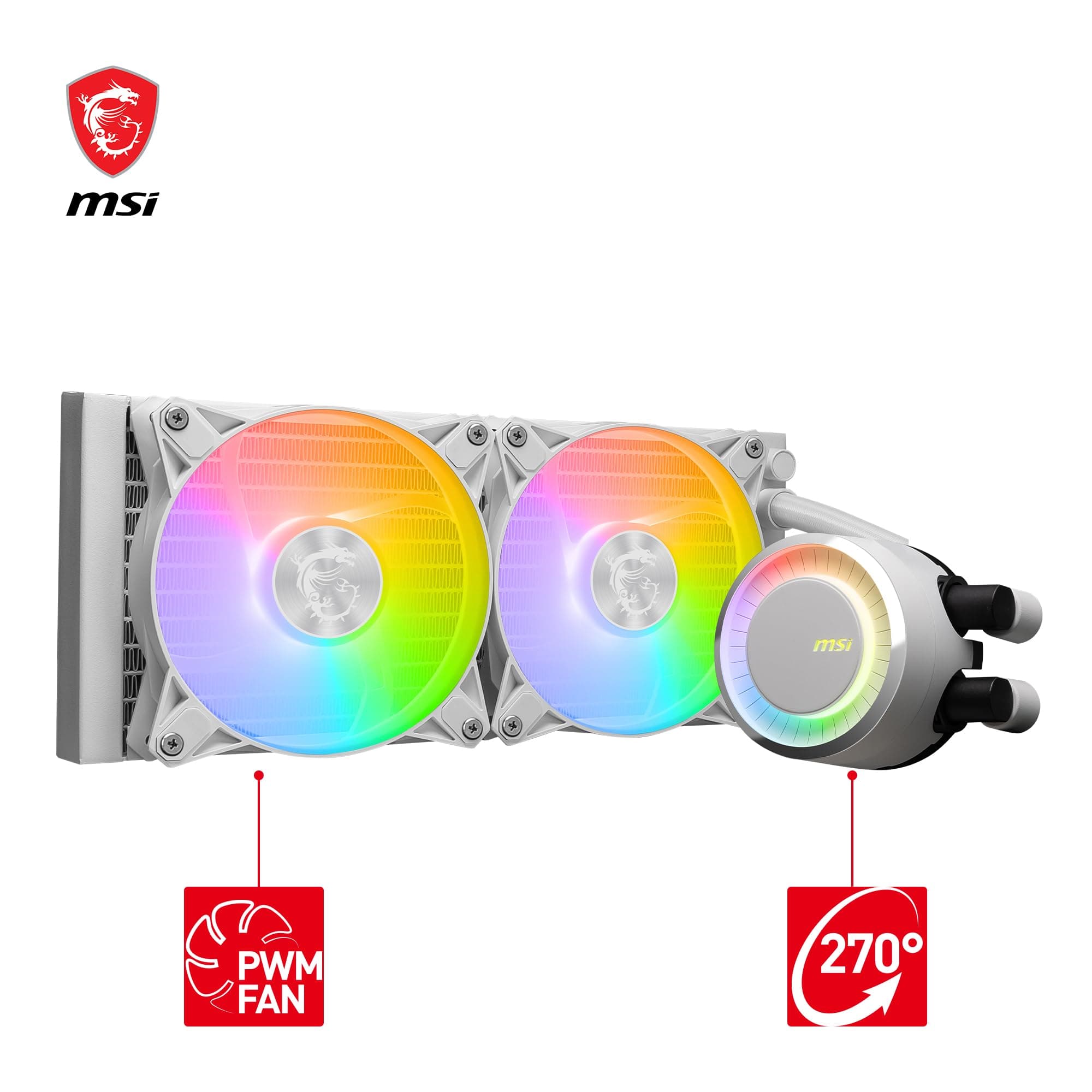 MSI MAG CORELIQUID E240 white AIO CPU Wasserkühlung - Vergrößerte Kupferkühlplatte, ARGB Blockhead, Zweikammer-Wasserblock, Split-Flow Radiator, Mystic Light - AMD & Intel Kompatibel Bild 3