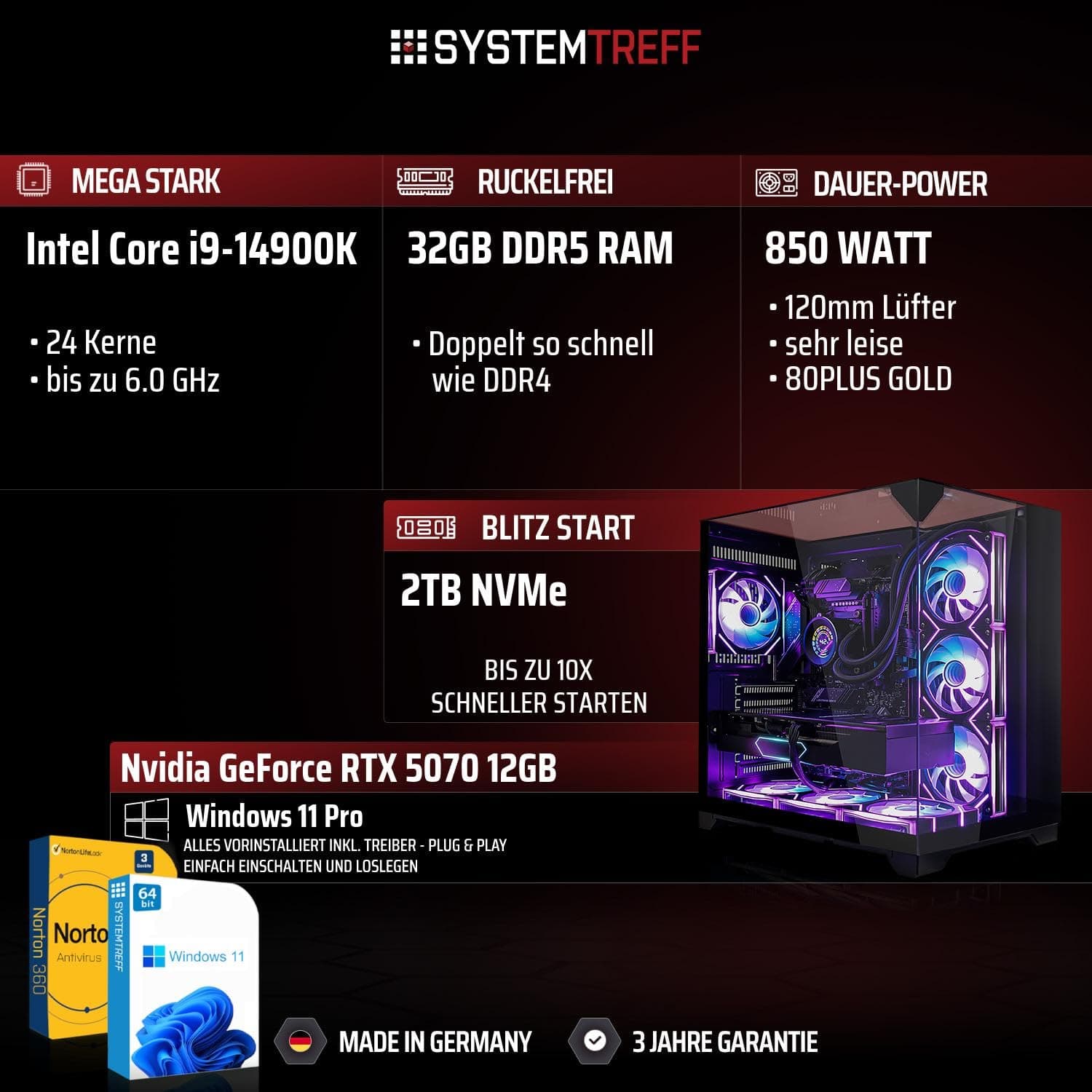 SYSTEMTREFF High-End Gaming PC Intel Core i9-14900K 8x6GHz | Nvidia RTX 5070 12GB DX12 | 2TB M.2 NVMe | 32GB DDR5 RAM | Windows 11 | WLAN Desktop Computer Rechner für Gamer, Zocker & Streamer Bild 2