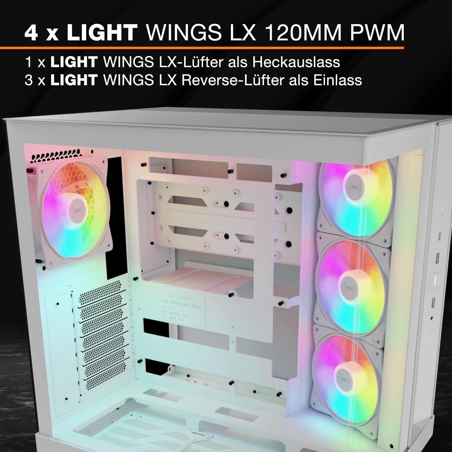 be quiet! Light Base 500 LX White PC-Gehäuse, vollständig verglaste Front- und Seitenpaneele, Show Case, Dual Chamber Design, ARGB-Lüfter-Hub, 4 Light Wings LX PWM-Lüfter rückseitiges Anschlussdesign Bild 7