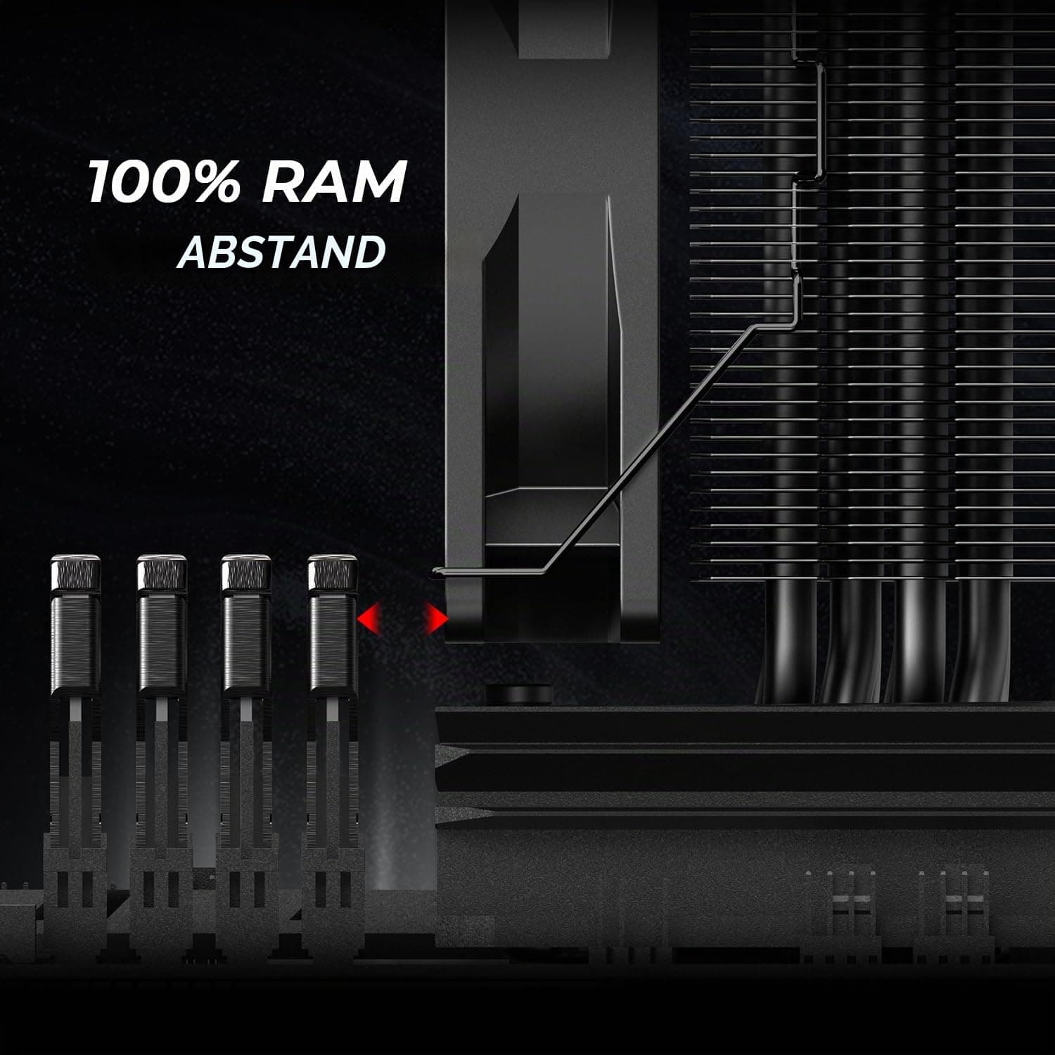 ID-COOLING SE-214-XT Black CPU Kühler, komplett schwarzes Design, 4 Direct-Contact-Heatpipes, 120mm PWM-Lüfter, Keine Beeinträchtigung des RAMs, TDP 180W, LGA1700/1851/1200/115X; AMD AM5/AM4 Sockeln. Bild 5