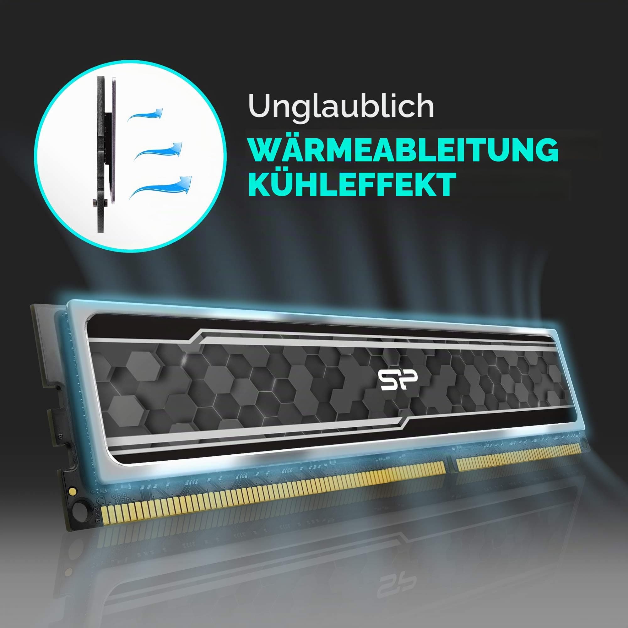 Silicon Power SP016GXLZU320BDAJ5 hochwertiger DDR4 RAM für Gaming, 16 GB (8 GB x 2), 3200 MHz (PC4 25600), CL 16, 1,35 V, Desktop-Arbeitsspeicher mit Kühlkörper, Grau (Camouflage Grey) Bild 5