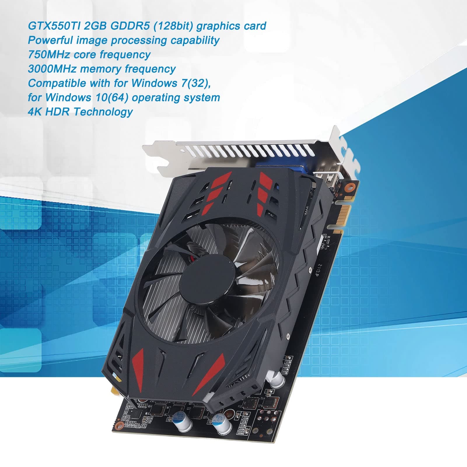 Goshyda GTX550TI Gaming-Grafikkarte, 2 GB GDDR5 128BIT 4K HDR, Tragbarer Dual-Lüfter, Geräuscharm, DVI-VGA-HDMI-Ausgang, Desktop-Grafikkarte für PC-Spiele Bild 5