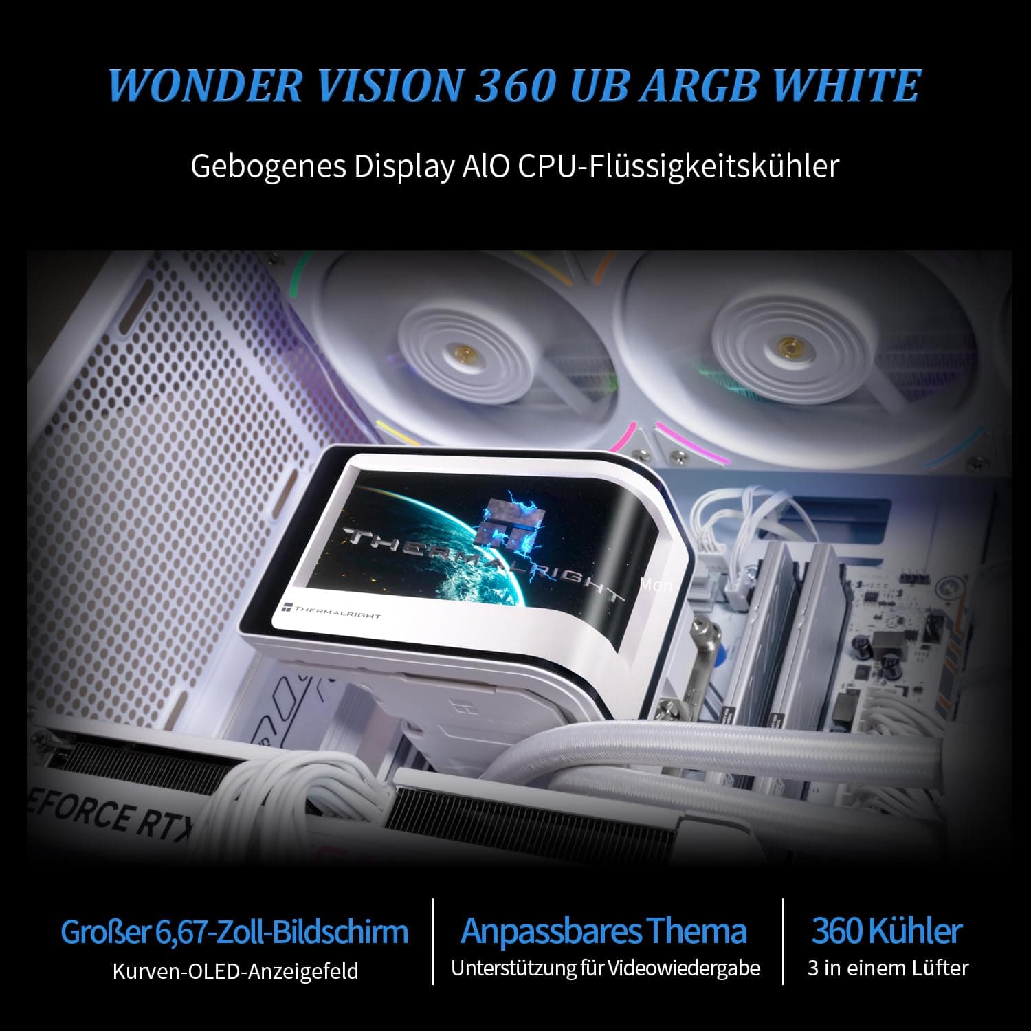 Thermalright TR Wonder Vision 360 UB ARGB Weißer CPU-Wasserkühler,6,67-Zoll magnetisch gekrümmter Bildschirm mit 2400x1080 Auflösung, AMOLED-Bildschirm, flüssiger CPU-Kühler für AM4/AM5,lga1700/1851 Weiß-WV360 UB ARGB WHITE Bild 4