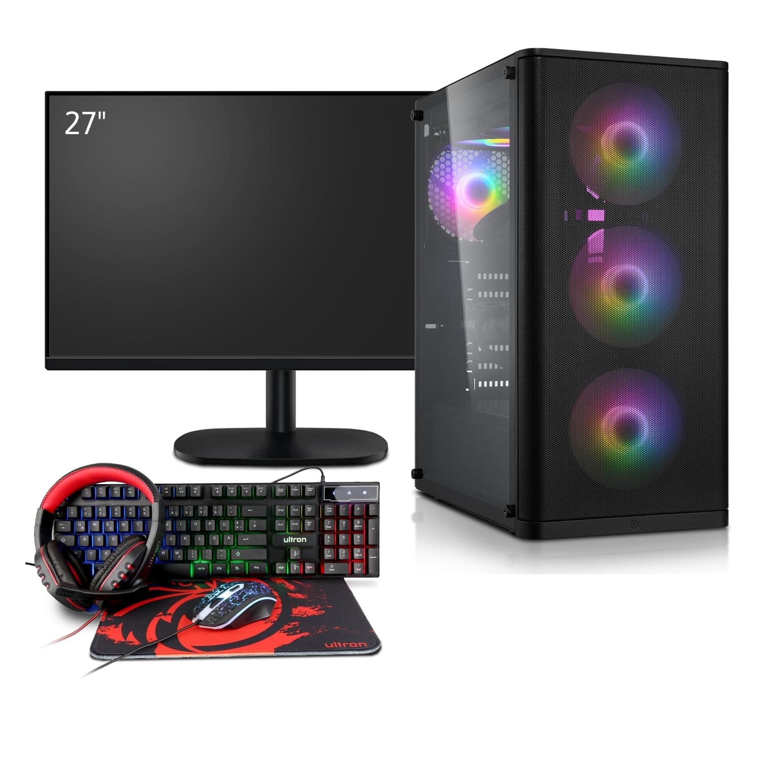 Gaming Komplett PC Set AMD 5700X, NVIDIA RTX 5060 8GB, 32 GB DDR4 RAM, 1TB M.2 SSD, Windows 11 Pro, 27 Zoll 100 Hz Gamer Monitor, Headset, Tastatur, Maus, WLAN 27" Gaming Monitor - NVIDIA RTX 5060 AMD 5700X - 32GB DDR4 - 1TB SSD