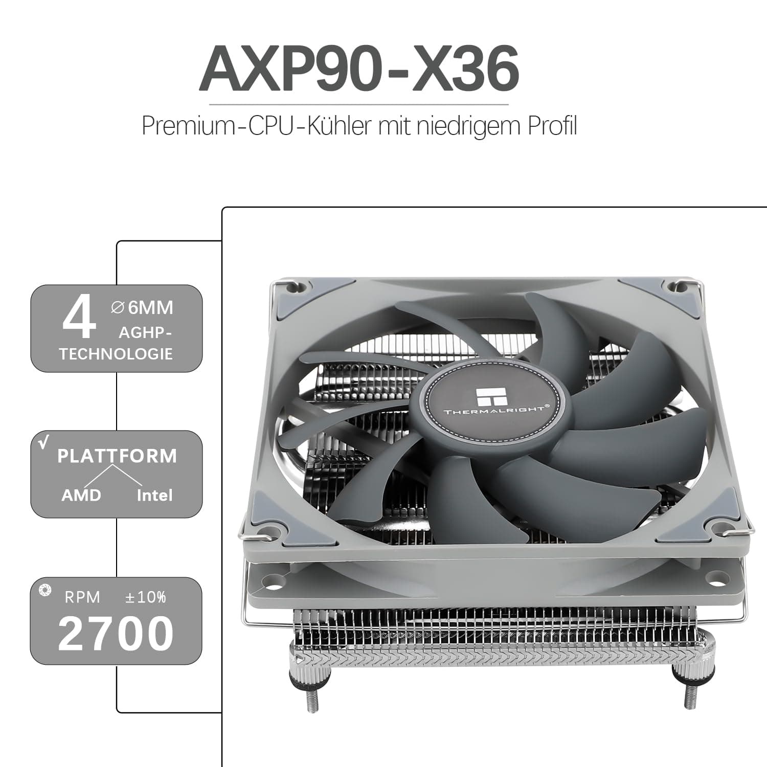 TR-Thermalright AXP90 X36 CPU Kühler-4 Heatpipes, leiser 92mm Low Profile Lüfter-2700U/min, für AM4/AM5,Intel LGA1851/1700/115x/1200,Niedriges Profil ITX PC Kühler Bild 3