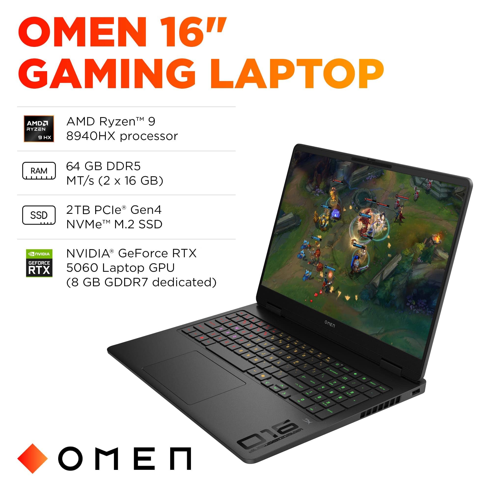 HP OMEN 16 Slim Gaming Laptop mit Headset (AMD Ryzen 9 8940HX, 64GB DDR5, 2TB SSD, NVIDIA RTX 5060 8GB, 16-core (>Ultra 7-155H)), FHD+ 144Hz Display, 4-Zonen RGB-Hintergrundbeleuchtung, IR-Webcam 64GB|2TB + Headset Bild 2
