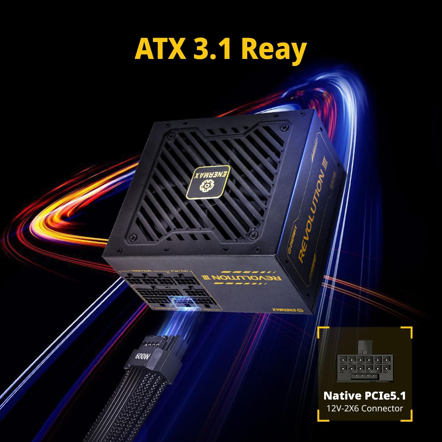 ENERMAX Revolution III 1000W PC Netzteil vollmodular 80+ Gold 5.1 12V-2x6 | PCIe 5.1, 80 PLUS Gold, 120mm FDB-Lüfter flüsterleise, 105°C japanische Kondensatoren, ERV1000G-AHG-MAC Bild 3