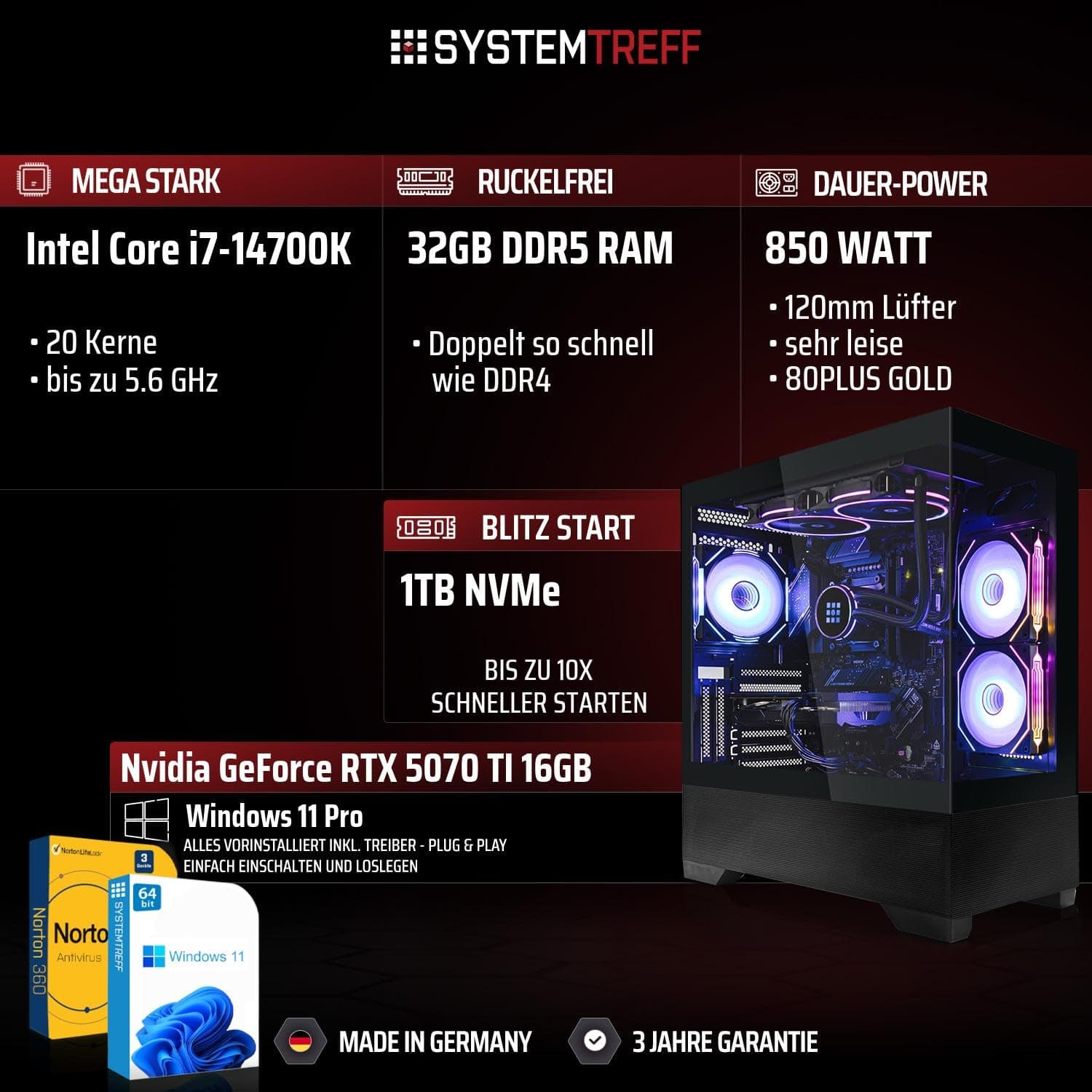 SYSTEMTREFF High-End Gaming PC Intel Core i7-14700K 8x5.6GHz | Nvidia RTX 5070 TI 16GB DX12 | 1TB M.2 NVMe | 32GB DDR5 RAM | Windows 11 | Desktop Computer Rechner für Gamer, Zocker & Streamer Bild 2