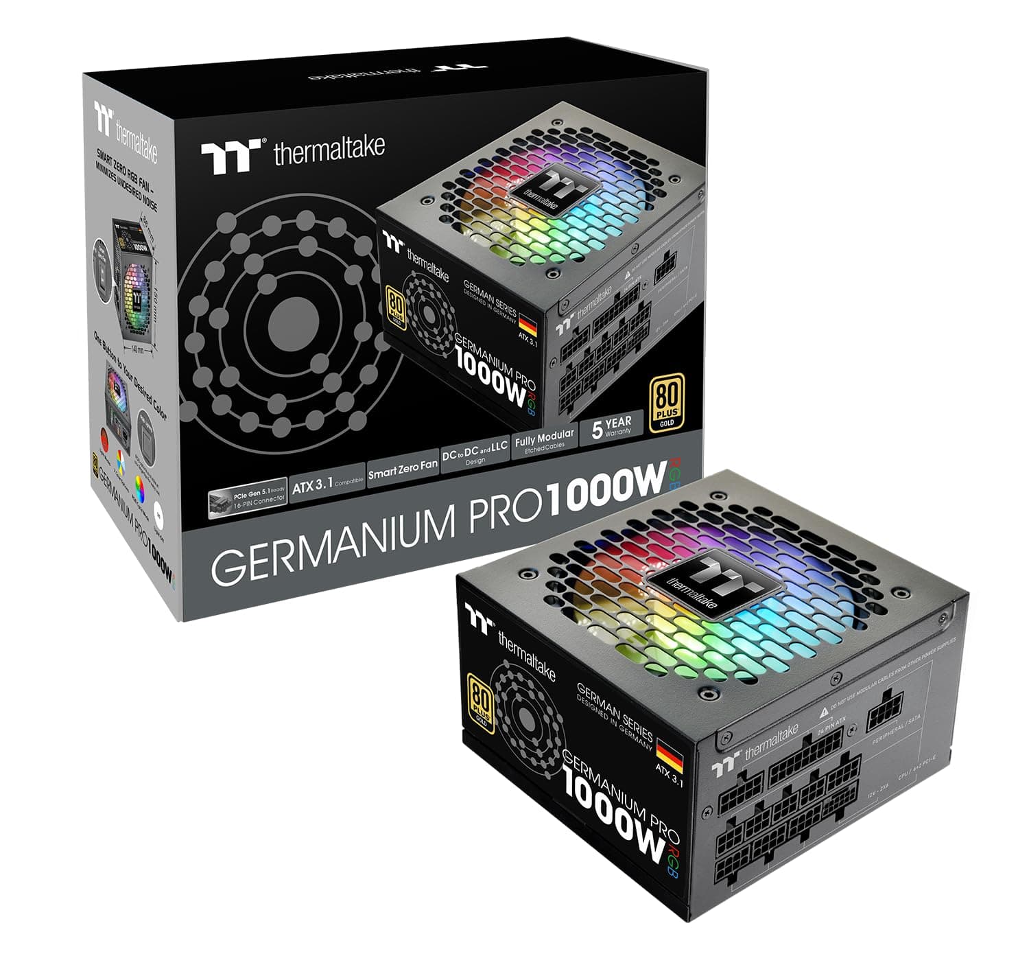 Thermaltake Germanium Pro RGB 1000W Netzteil | ATX 3.1 | 80 Plus Gold | vollmodular | PCIe 5.1 12V-2x6 (12+4) | RGB-Lüfter | Smart Zero Fan | 200% Lastspitzen | 5 Jahre Garantie 1000 Watt Bild 2