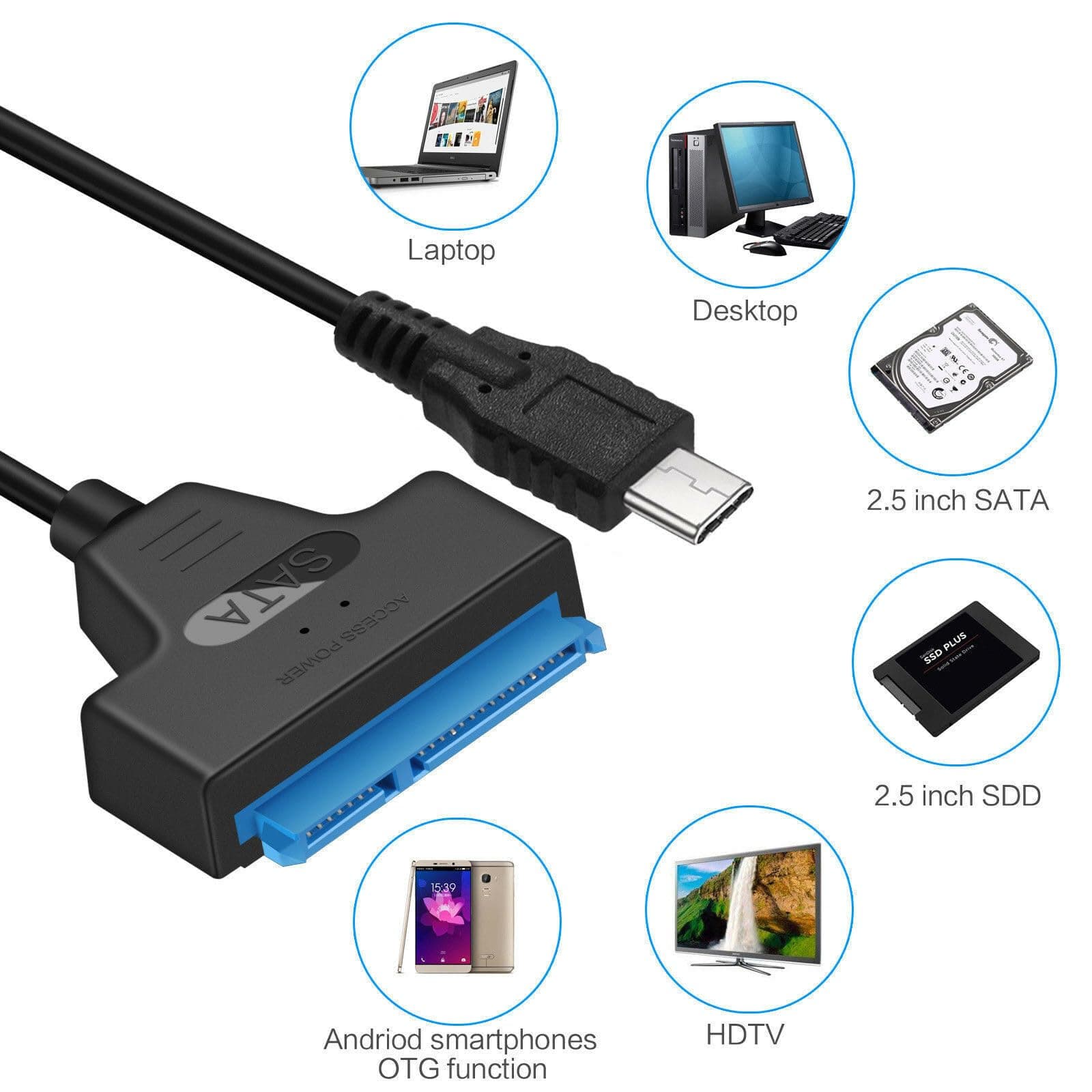NTQinParts USB 3.1 Typ C auf SATA III HDD SSD 2,5 Zoll Festplattenadapterkabel 22-Pin UASP für Samsung 870 EVO SATA III SSD 2,5 Zoll internes Solid State Drive 250GB 500GB 1TB 2TB 4TB Bild 3