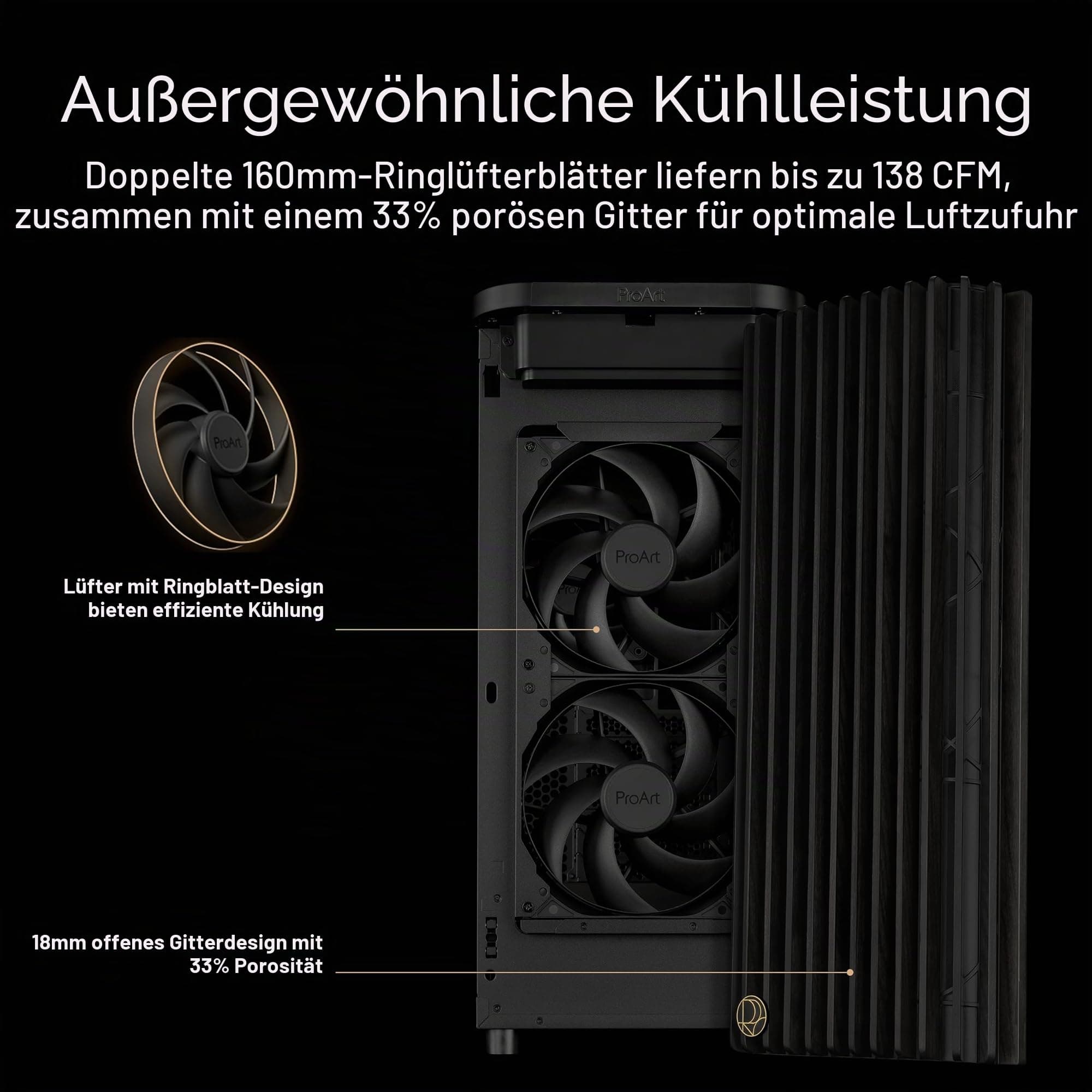 ASUS ProArt PA401 Wood Edition ATX-PC-Gehäuse TG Panel (Seitenteil aus gehärtetem Glas, 240-mm-Radiatorhalterung, 160x32-mm-Lüfter, abnehmbare Netzteilhalterung, rückseitige Kabelklemmen) Bild 3