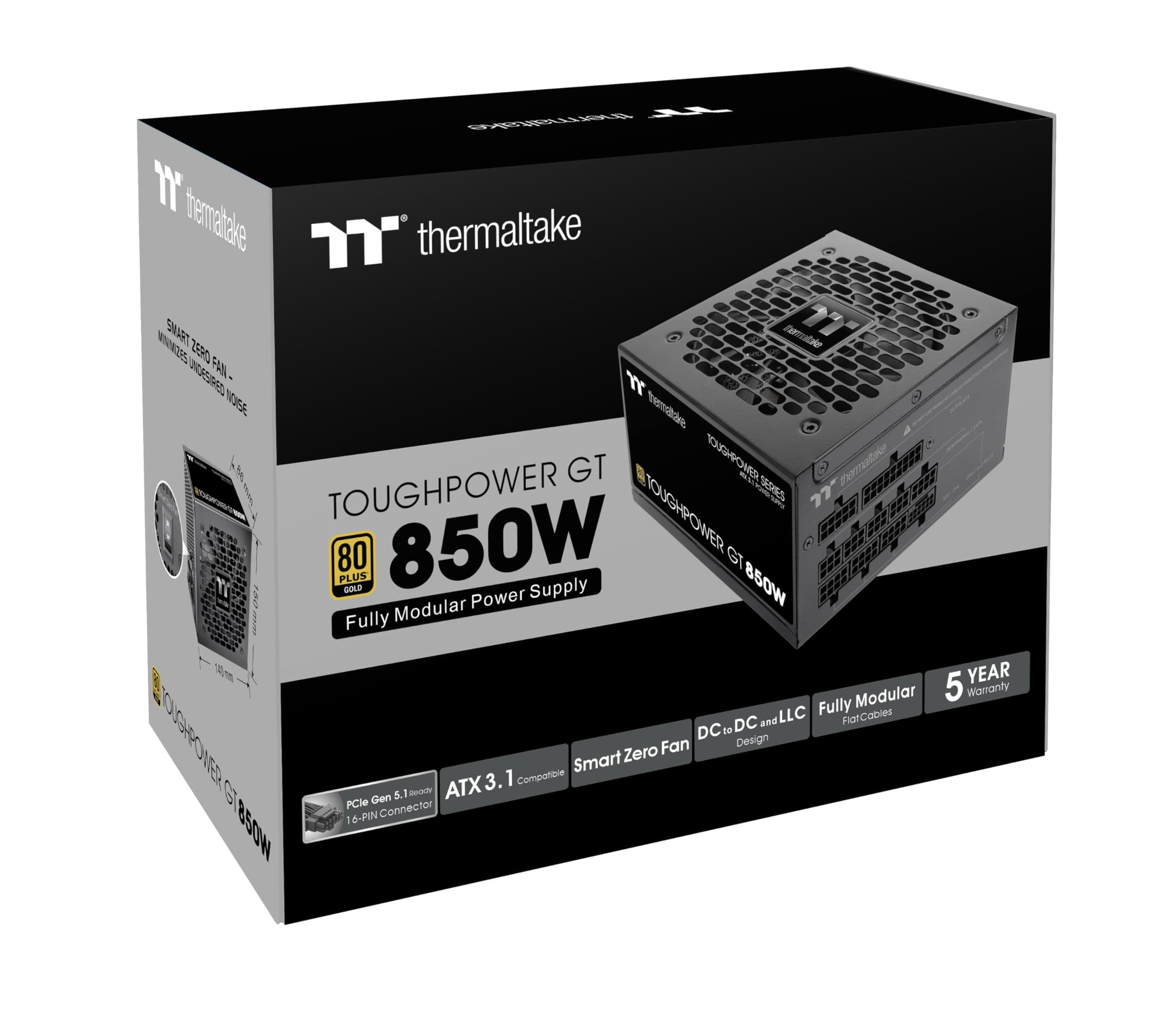 Thermaltake Toughpower GT 850W Netzteil | ATX 3.1 | 80 Plus Gold | vollmodular | PCIe 5.1 12V-2x6 (12+4) | Smart Zero Fan sehr leise | 5 Jahre Garantie | Schwarz Bild 7