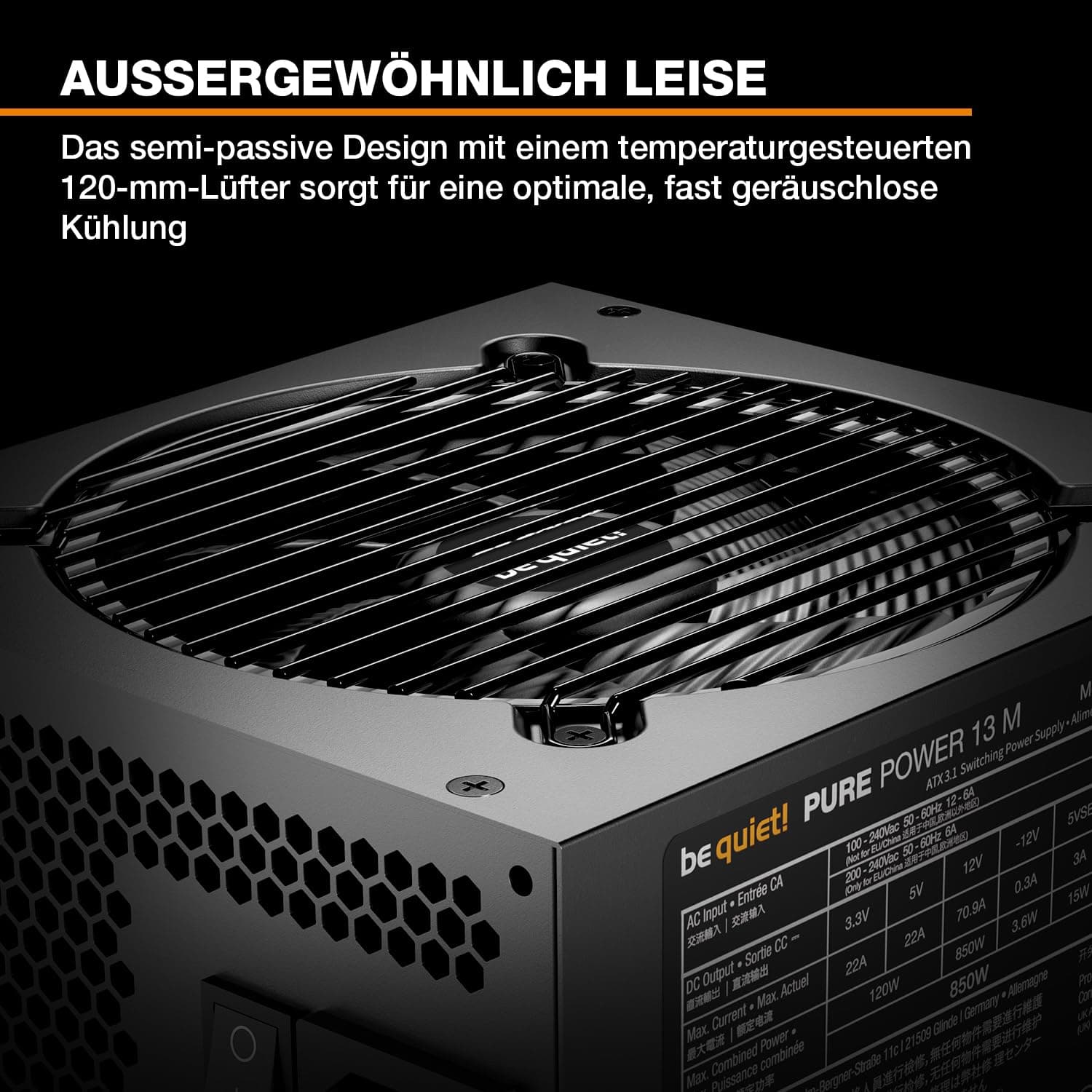 be quiet! Pure Power 13 M 850W Netzteil, 80 Plus® Gold Effizienz, ATX 3.1-Netzteil, für PCIe 5.1 GPUs, 120mm be quiet! Lüfter, semi-passiver Betrieb möglich, LLC-Technologie, Single-Rail Bild 3