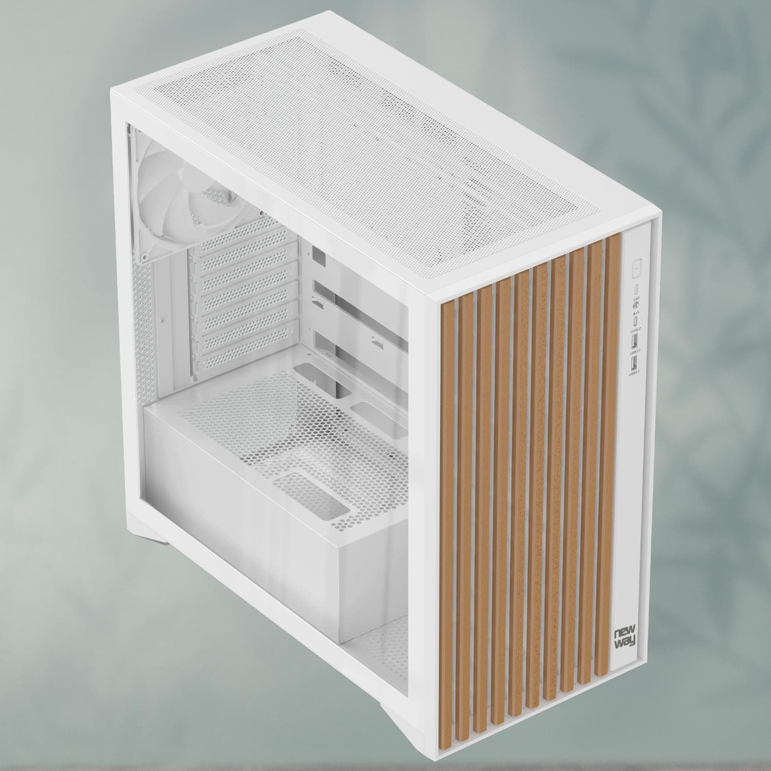NEWWAY - NW1 PC-Gehäuse aus Holz - Mittlere Tower kompatibel mit ATX/Micro-ATX/ITX – Typ C USB – Lüfter inklusive 3 x 140 mm PWM – Seitenpanel aus gehärtetem Glas (weiß) Bild 7