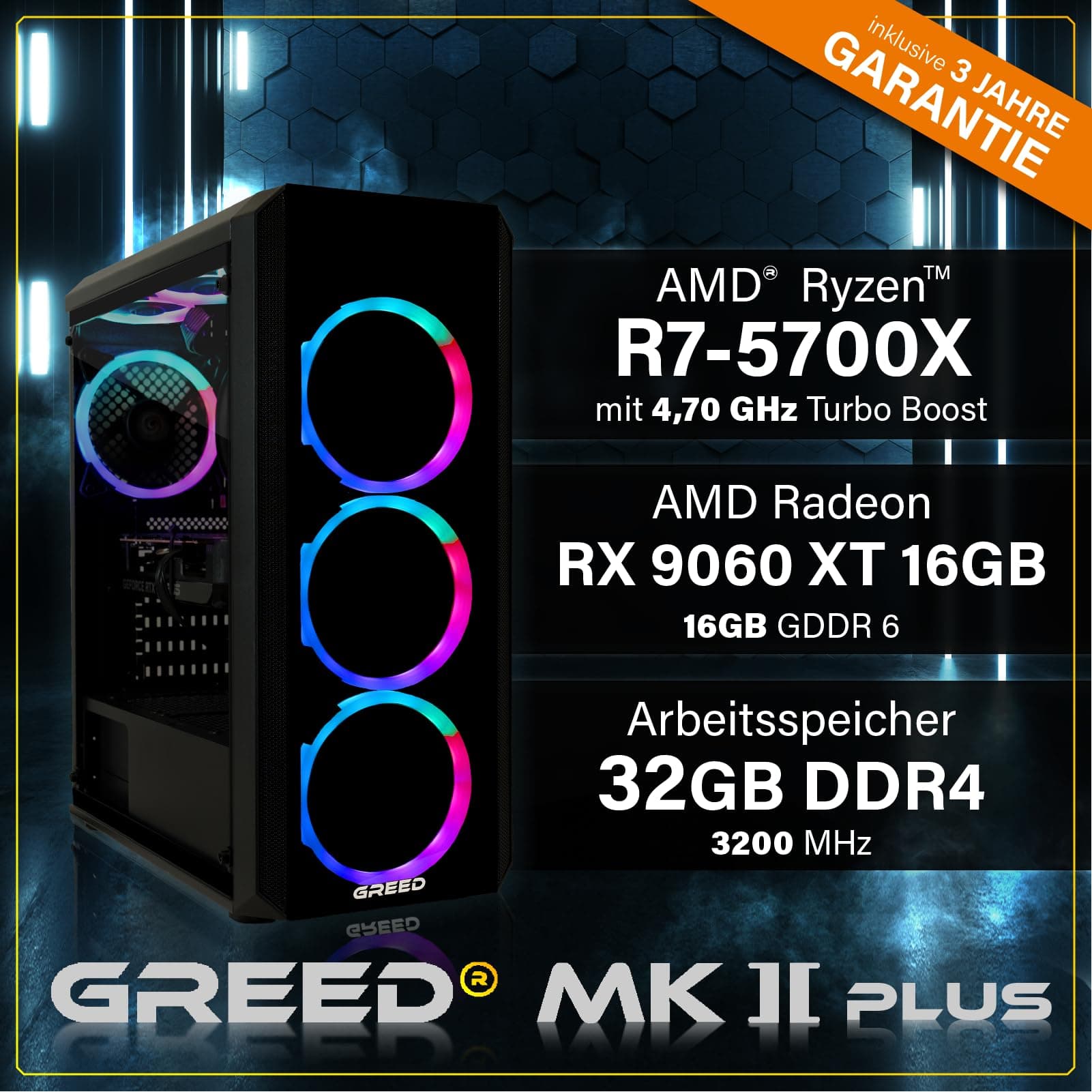 Greed® MK2 Plus - High End Gaming PC - AMD Ryzen 7 5700X + RX 9060XT 16GB - Schneller RGB Computer + 4K Raytracing Rechner mit 4,6 GHZ - 32GB DDR4 RAM - 1TB SSD + 750W Netzteil - WLAN + Windows 11 Pro MK2 PLUS | 9060 XT AMD 32GB Bild 3