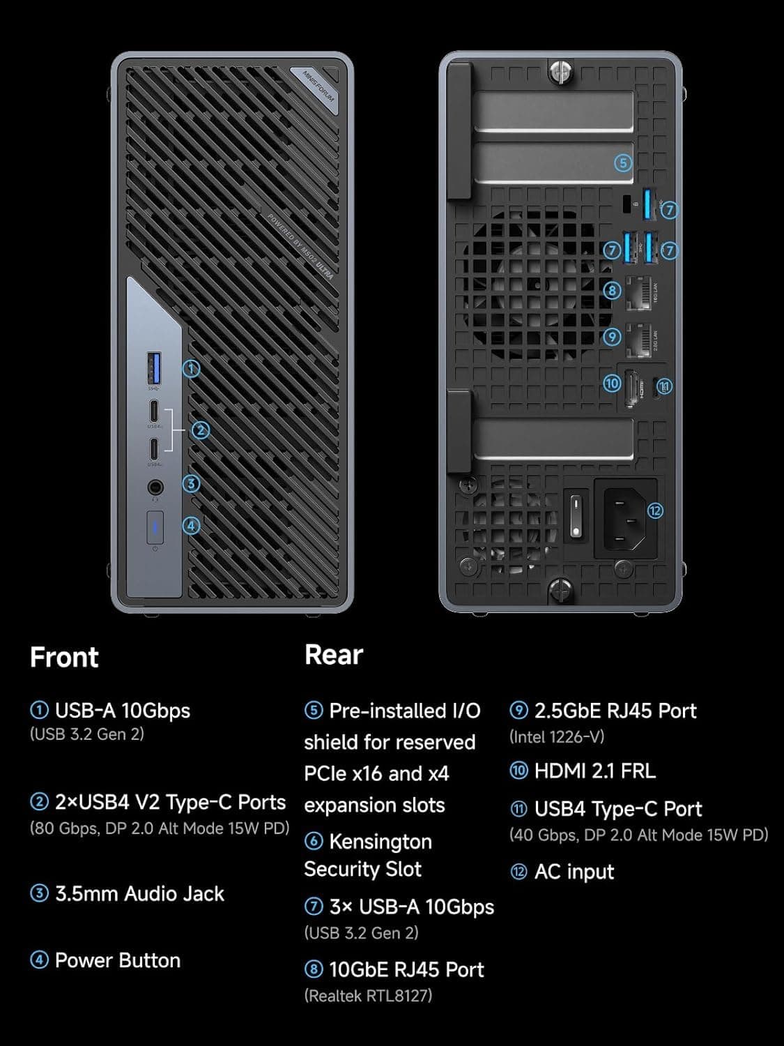 MINIS FORUM MS-02 Ultra Workstation Mini PC, Intel Core Ultra 5 235HX (14 Kerne/14 Threads, bis zu 5,1 GHz), 32 GB RAM, 1 TB SSD, PCIe 5.0 x16, 4× DDR5, USB4 v2, 10GbE + 2,5GbE (vPro), Wi-Fi 7 MS-02U-235HX 32/1TB Bild 3