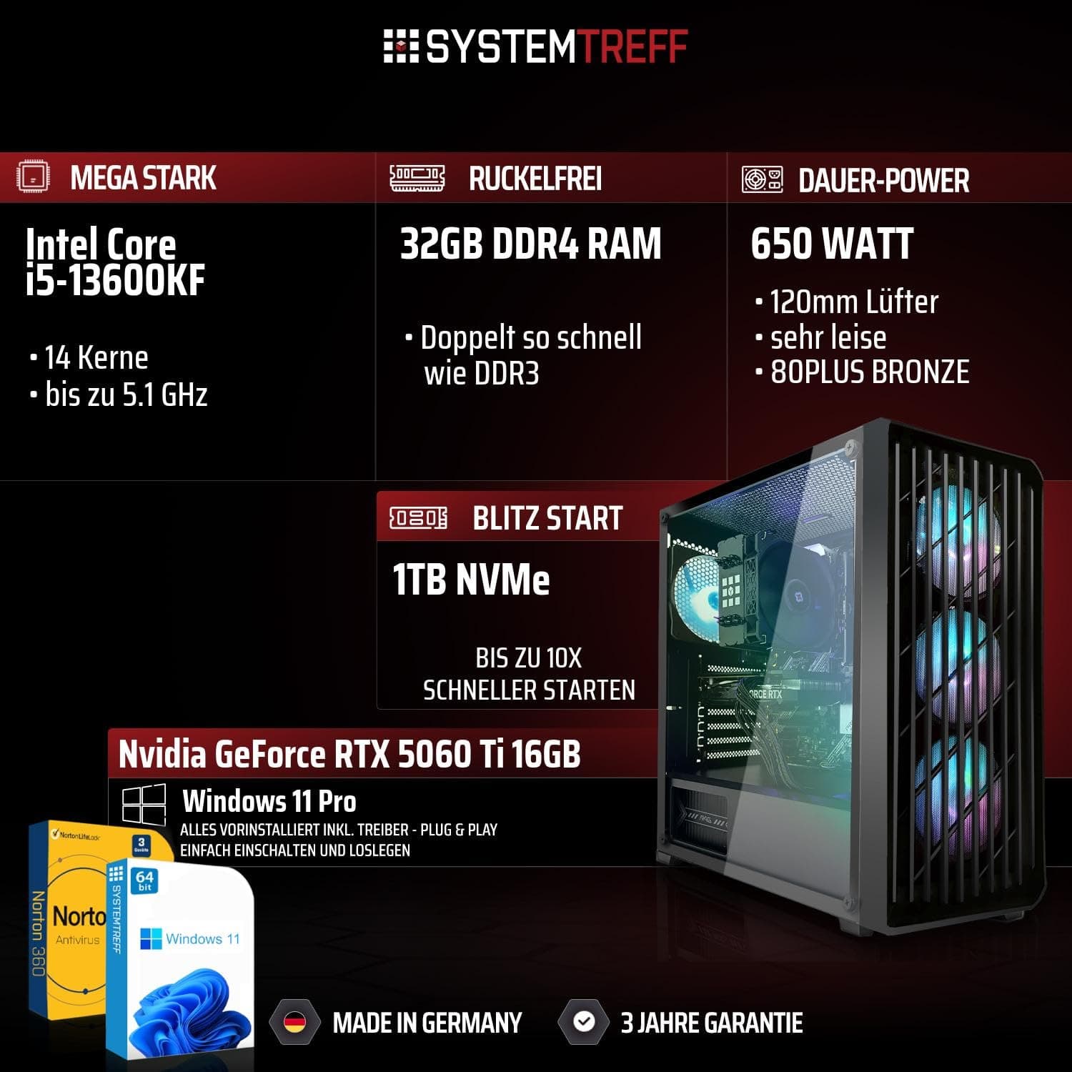 SYSTEMTREFF Gaming PC Intel Core i5-13600KF 6x5.1GHz | Nvidia RTX 5060 Ti 16GB DX12 | 1TB M.2 NVMe | 32GB DDR4 RAM | Windows 11 | WLAN Desktop Computer Rechner für Gamer, Zocker & Streamer Bild 2