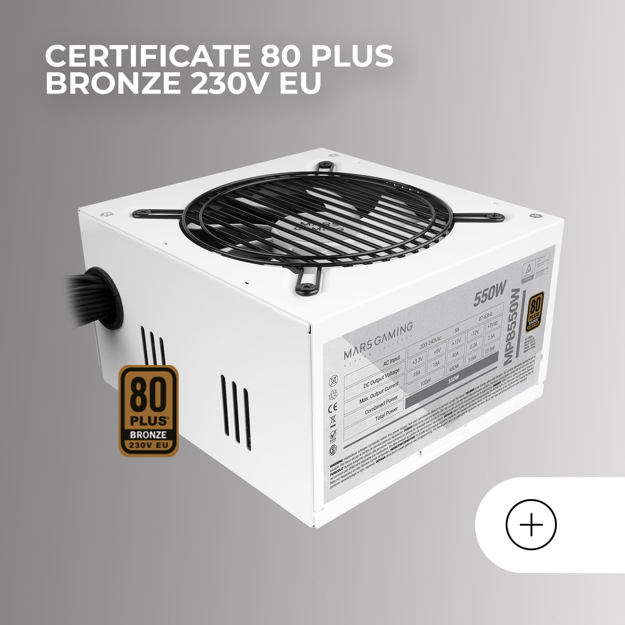 Mars Gaming MPB550, PC-Netzteil 550W ATX, 6 Jahre Garantie, 80Plus Bronze 230V EU, 90% Wirkungsgrad, 120mm FDB Lüfter mit AI-RPM Technologie und Anti-Vibrationssystem, Weiß MPB550W Bild 5