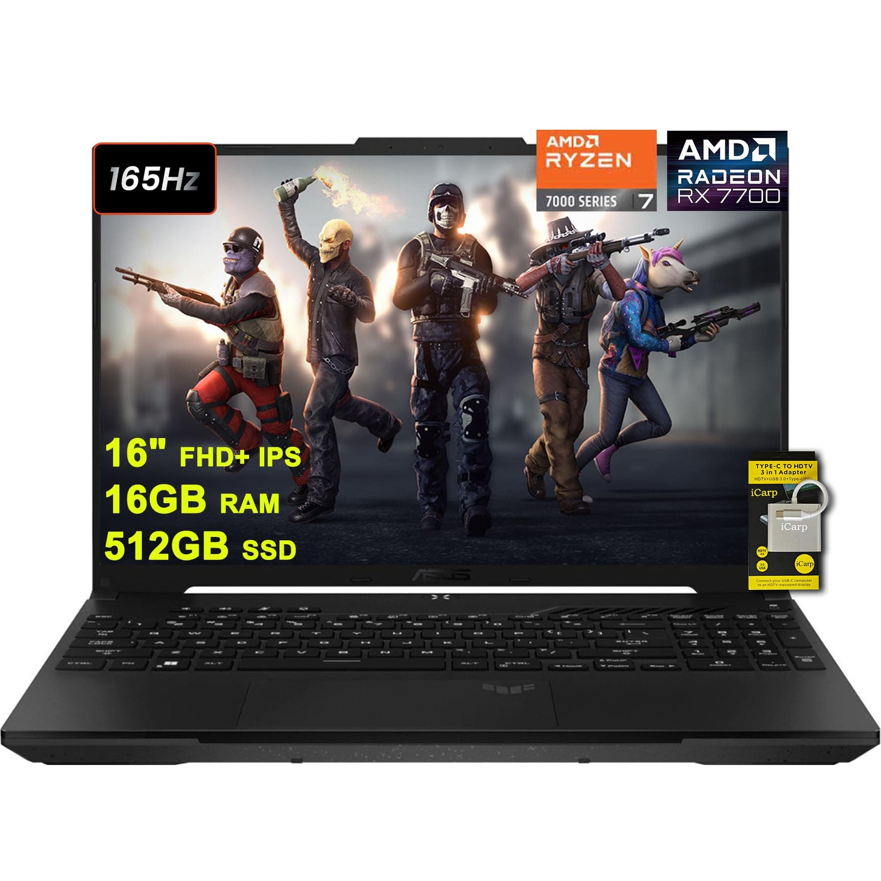 Asus TUF Gaming A16 Laptop 16 Zoll FHD+ 165Hz 7ms 100% sRGB AMD Octa-core Ryzen 7 7735HS 16GB RAM 512GB SSD Radeon RX 7700S 8GB (>RTX4060) Hintergrundbeleuchtung USB-C USB4 Schnellladung Win11 w/ICP
