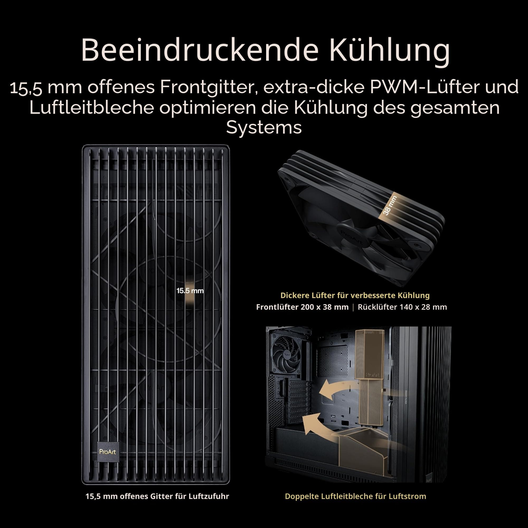 ASUS ProArt PA602 E-ATX Computer-Gehäuse (420 mm Radiatorhalterung, 140 mm und 200 mm vorinstallierte Systemlüfter, IR-Staubsensor, werkzeuglose PCIe-Montage, USB 20Gbps Unterstützung, schwarz) Bild 4