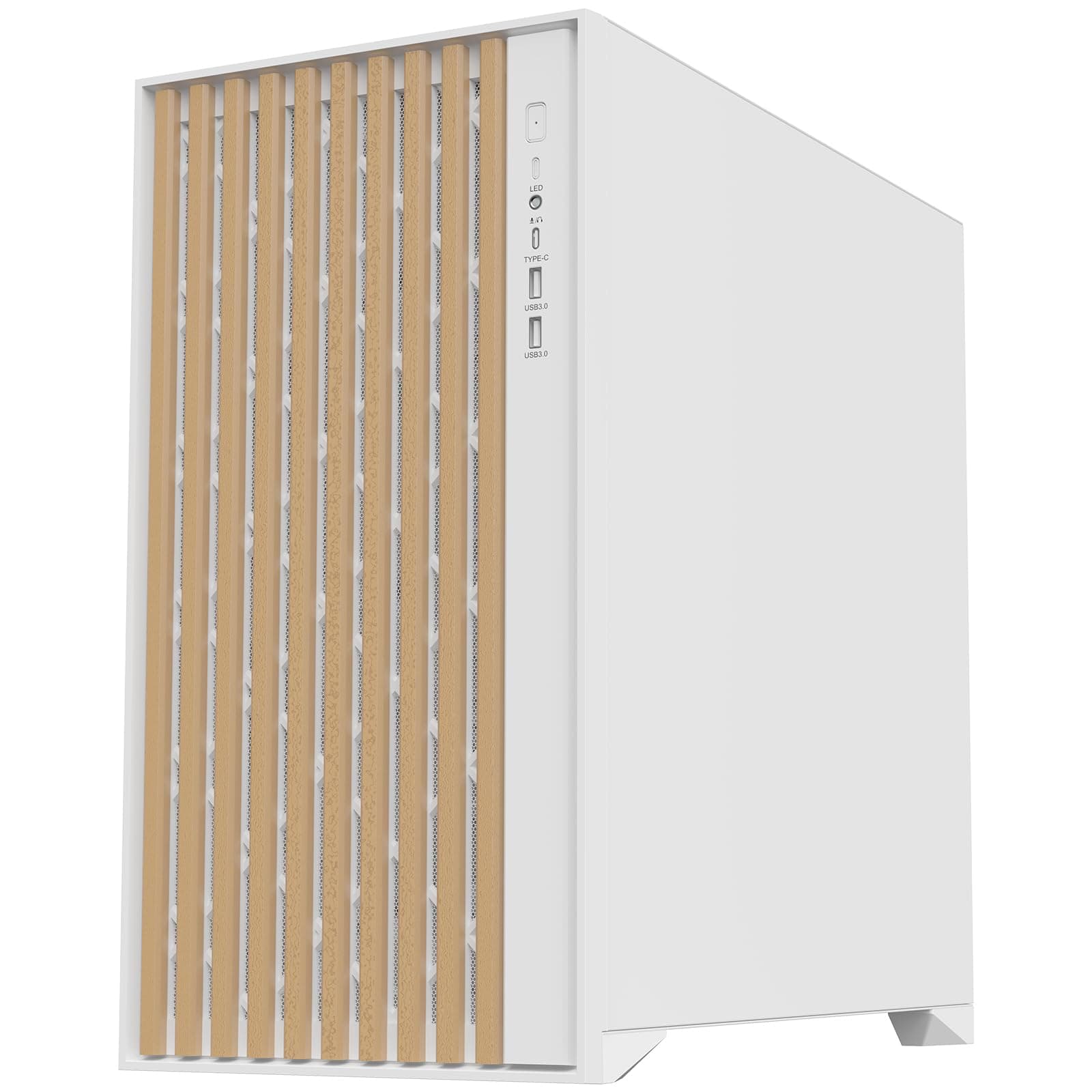 Itek Gehäuse Woody – Gaming Tower – ATX – 3x14cm weiße Lüfter – 2X USB 3.0 – Type-C – Front aus Holz – Seitenteil aus gehärtetem Glas – Weiße Edition Bild 5