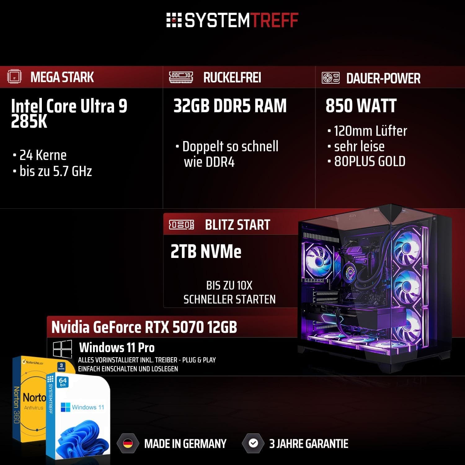 SYSTEMTREFF High-End Gaming PC Intel Core Ultra 9 285K 8x5.7GHz | Nvidia RTX 5070 12GB DX12 | 2TB M.2 NVMe | 32GB DDR5 RAM | Windows 11 | Desktop Computer Rechner für Gamer, Zocker & Streamer Bild 2