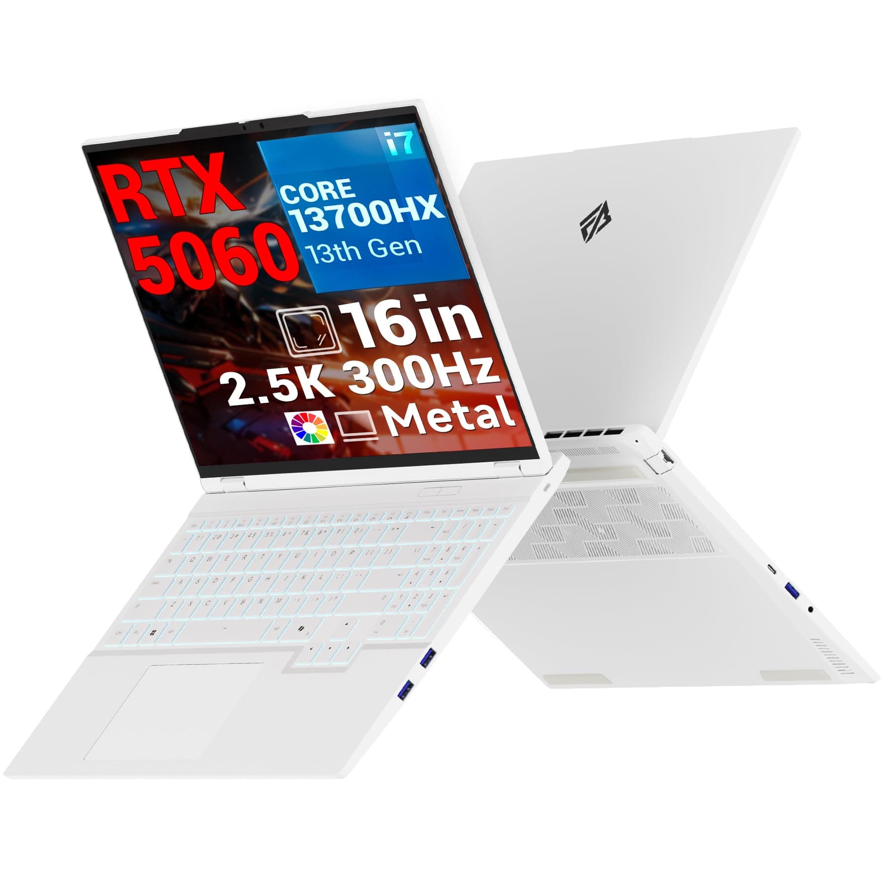 Gaming Laptop, 16'' QHD 300Hz (2560x1600) 2,5K, Core i7-13700HX, RTX 5060, 16GB DDR5 RAM, 1TB PCIe 4.0 SSD, 500nits, Wi-Fi 6E, BT5.3, Metall, Backlit, Weiß, Für Gamer & Content Creator Bild 2
