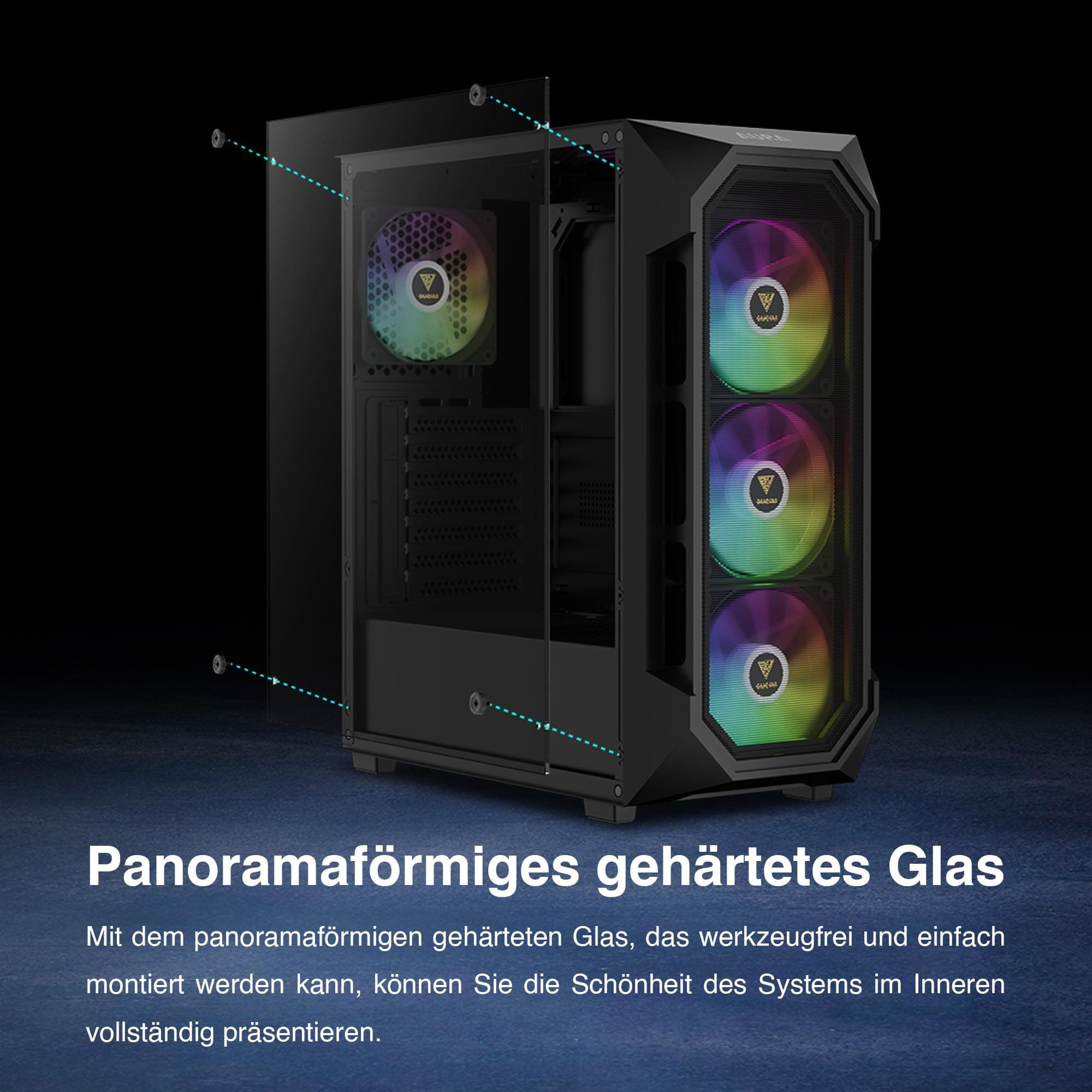 GAMDIAS Aura GC1 Elite ARGB ATX Gaming Midi-Tower PC-Gehäuse, 4 x 120 ARGB-Lüfter, High Airflow Mesh Front Panel, Werkzeuglose Installation Tempered Glass Side Panel, Motherboard Sync, Schwarz Bild 5