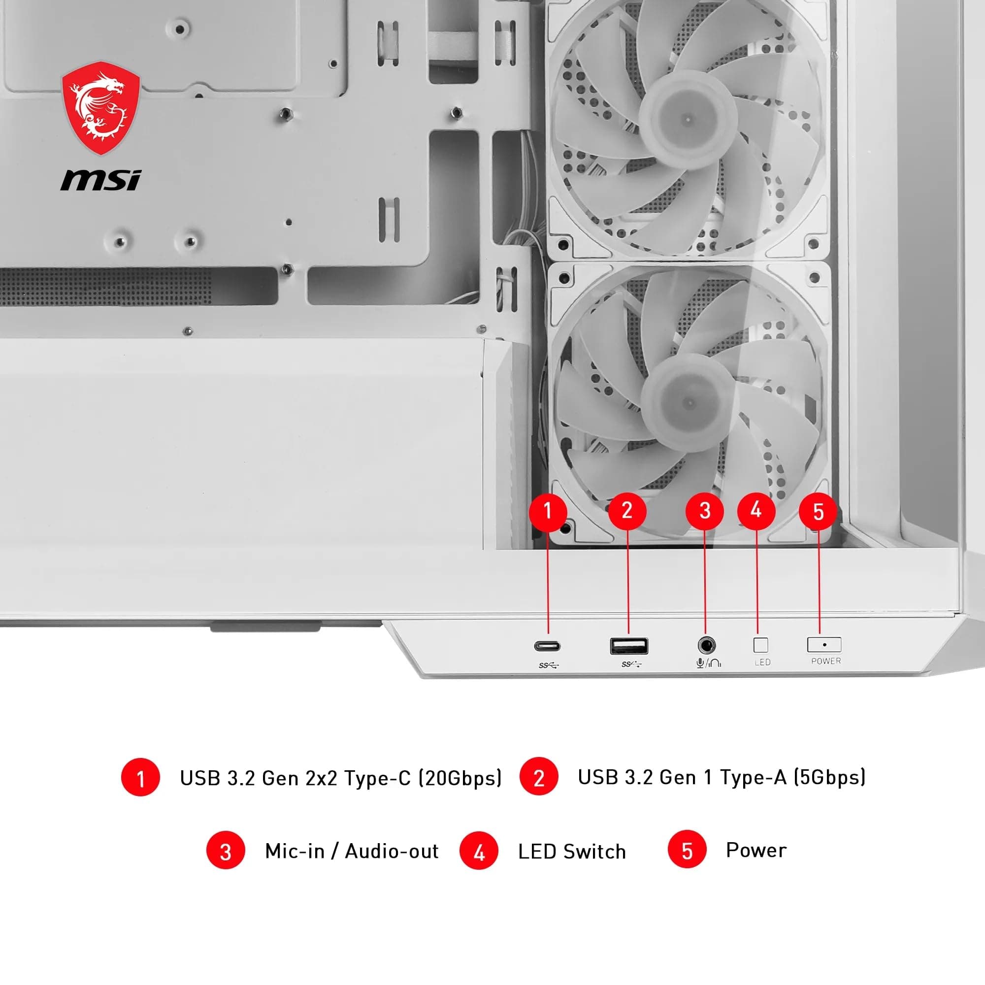 MSI MAG PANO M100R PZ Weiß Micro-ATX PC-Gehäuse - 3 x 120 mm Reverse-Blade ARGB-Lüfter und 1 x 120 mm ARGB-Lüfter mit Hub, GPU-Ständer, Staubfilter, 33 mm Kabelführungsraum, USB Typ-C (20Gbps) Bild 8
