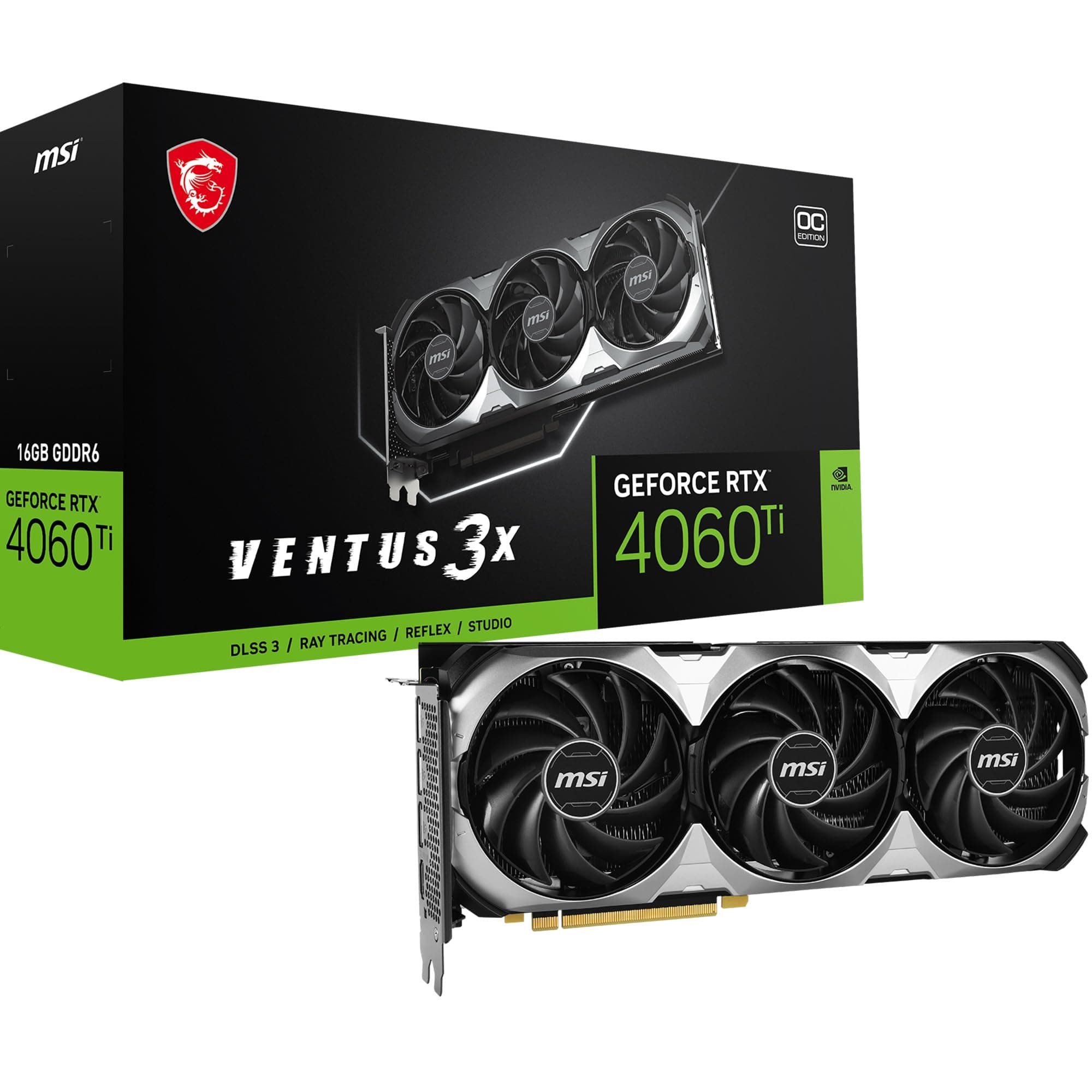 MSI GeForce RTX 4060 Ti Ventus 3X 16G OC Grafikkarte -NVIDIA RTX 4060 Ti, 16GB GDDR6 Speicher, 18Gbps, PCIe 4.0, DLSS3 16GB GeForce RTX 4060 Ti VENTUS 3X 16G OC