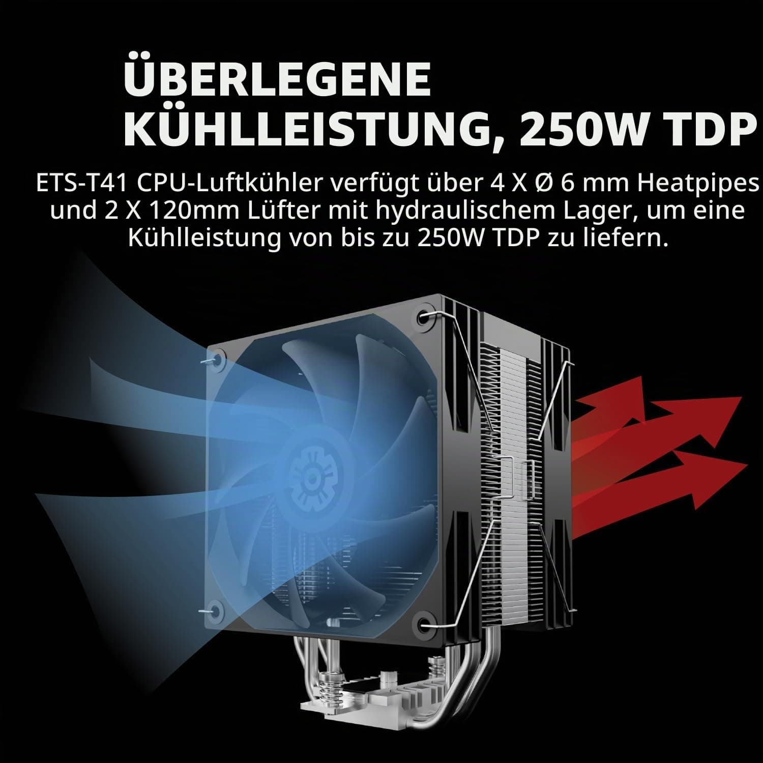 ENERMAX ETS-T41 CPU Kühler|2x 120mm PWM-Fan Forward-Reverse Blade Design|Hydraulik Lager|4x 6mm vernickelte Heatpipes|TDP 200W+|inkl. Dow Corning TC-5121C |AMD AM5/AM4 Intel LGA1851/1700/115x Bild 3