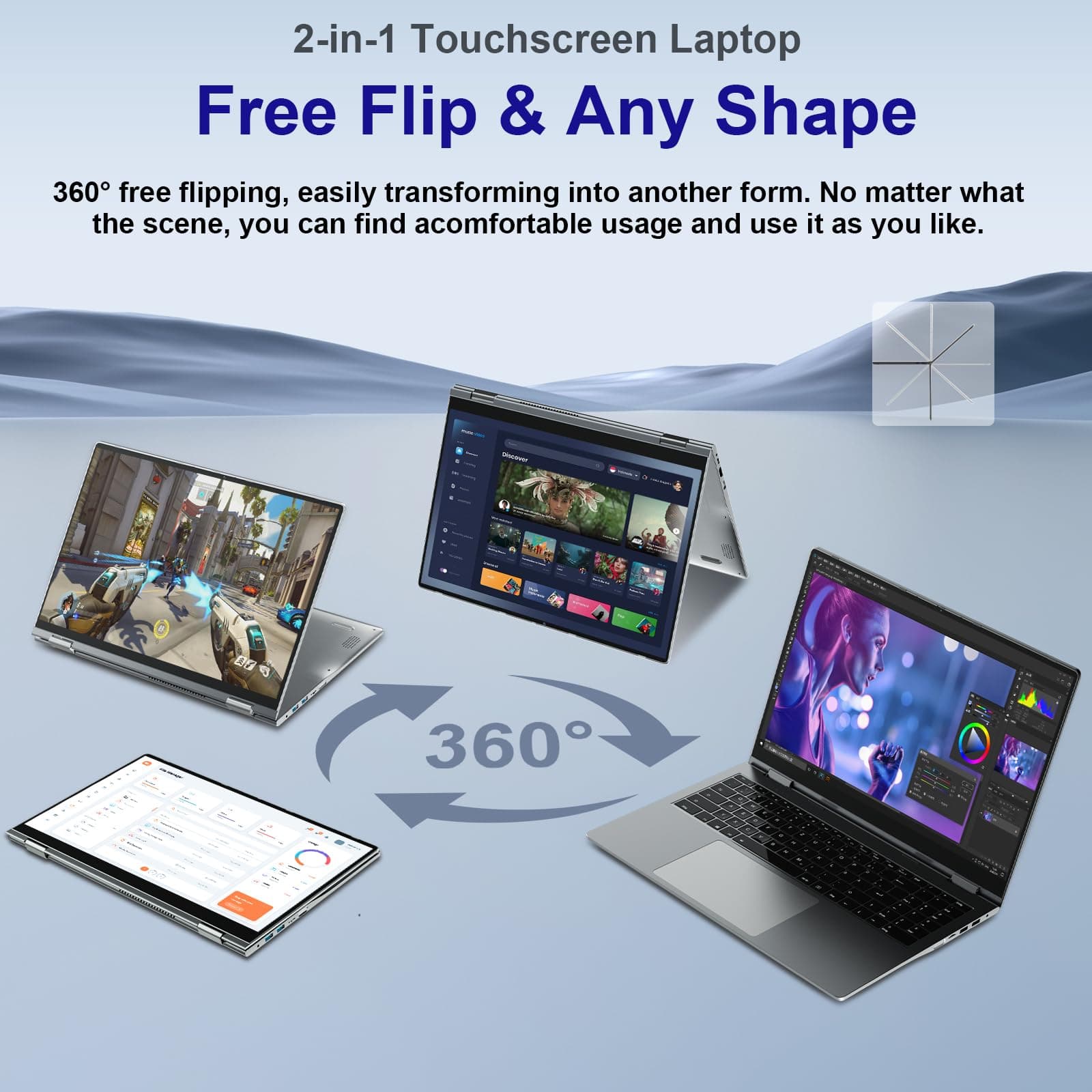 Laptop 16 Zoll, Touchscreen Laptop mit 16GB RAM 512GB Storage, Ryzen 3(Bis zu 3.5GHz), IPS FHD Touchscreen mit 360 Grad Drehfunktion, Fingerabdrucksensor, Beleuchtete Tastatur, WiFi 6, 53.2WH Dunkelgrau 16.0 Zoll Bild 5
