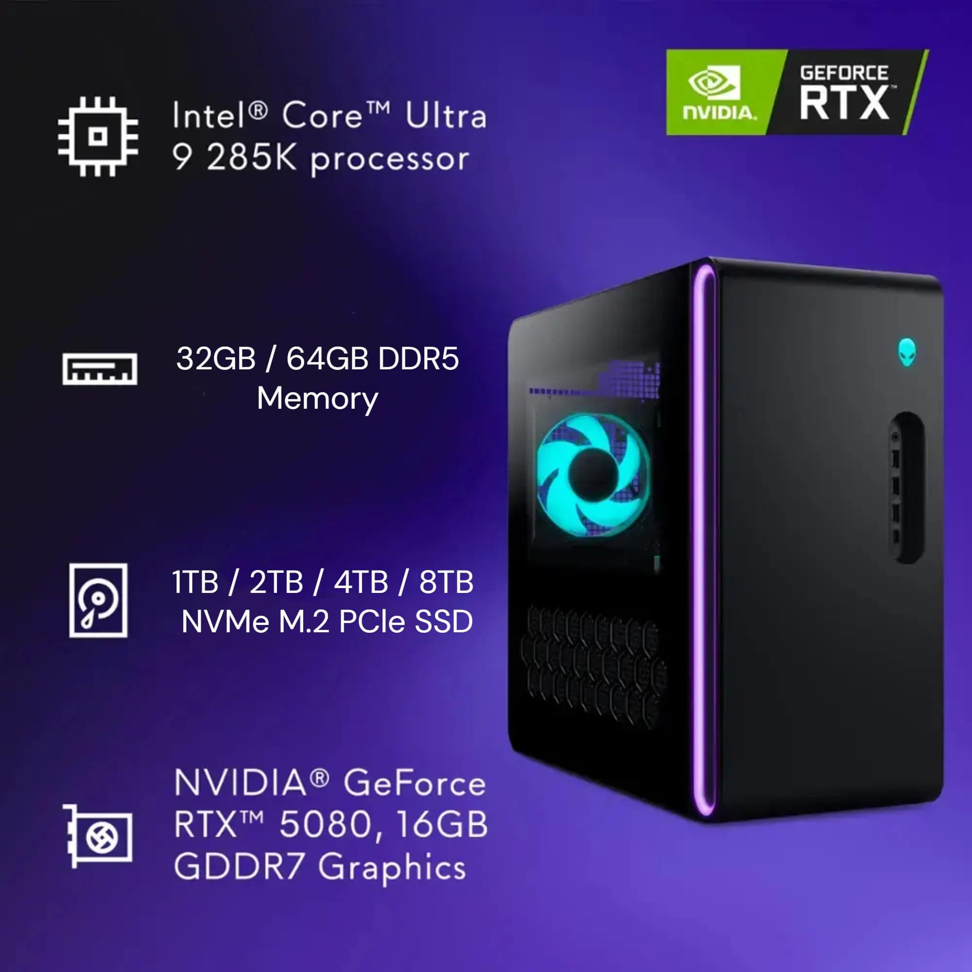 Alienware Aurora R16 Gaming Desktop - NVIDIA GeForce RTX 5080 (16GB GDDR7) PC • Intel 24-Core Ultra 9 285K • Wi-Fi 7 • Windows 11 Pro • ACT1250 • Next-Level Gaming Support • 32GB DDR5 RAM + 1TB SSD 32 GB DDR5 + 1 TB SSD Bild 3
