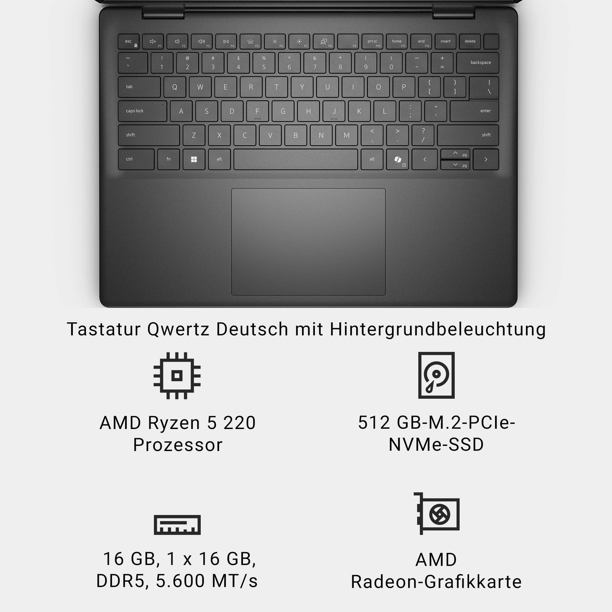 Dell 14 Laptop DC14255 Copilot+ PC 14" 2K (1920×1200) AMD Ryzen 5 220, 16GB RAM, 512GB SSD, AMD Radeon Grafik, QWERTZ Hintergrundbeleuchtete Tastatur, Windows 11 Home, Wi-Fi 6 – Carbon Black Ryzen 5 220 16 GB 512GB SSD Bild 7