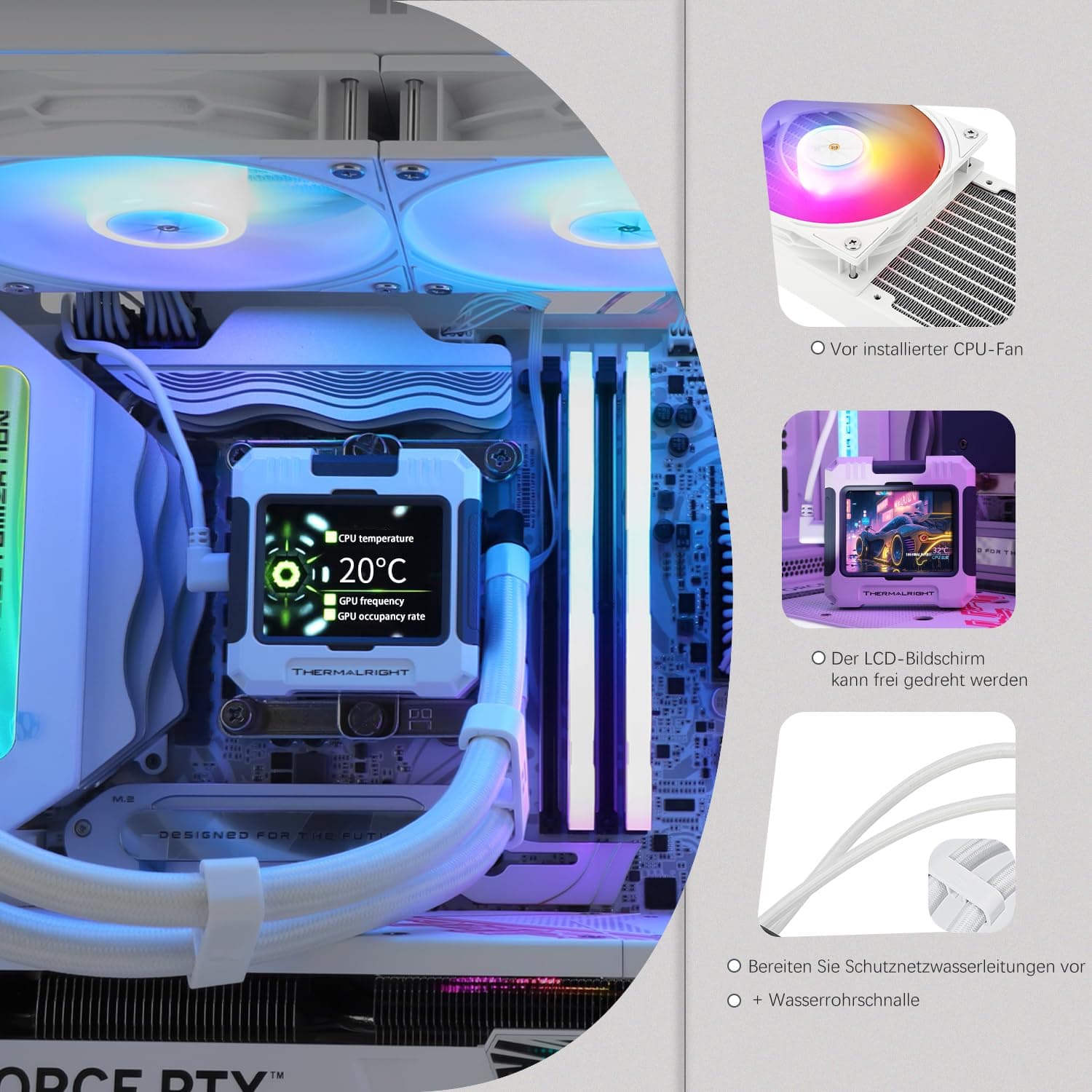 TR-Thermalright FW240 White ARGB Liquid CPU Kühler, 2,4-Zoll-IPS-LCD-Bildschirm mit 320x240 Auflösung-Magnetisch, DIY-Bildschirmthema, für AM4/AM5, LGA1851/1700/115x 240mm Weiß Bild 3