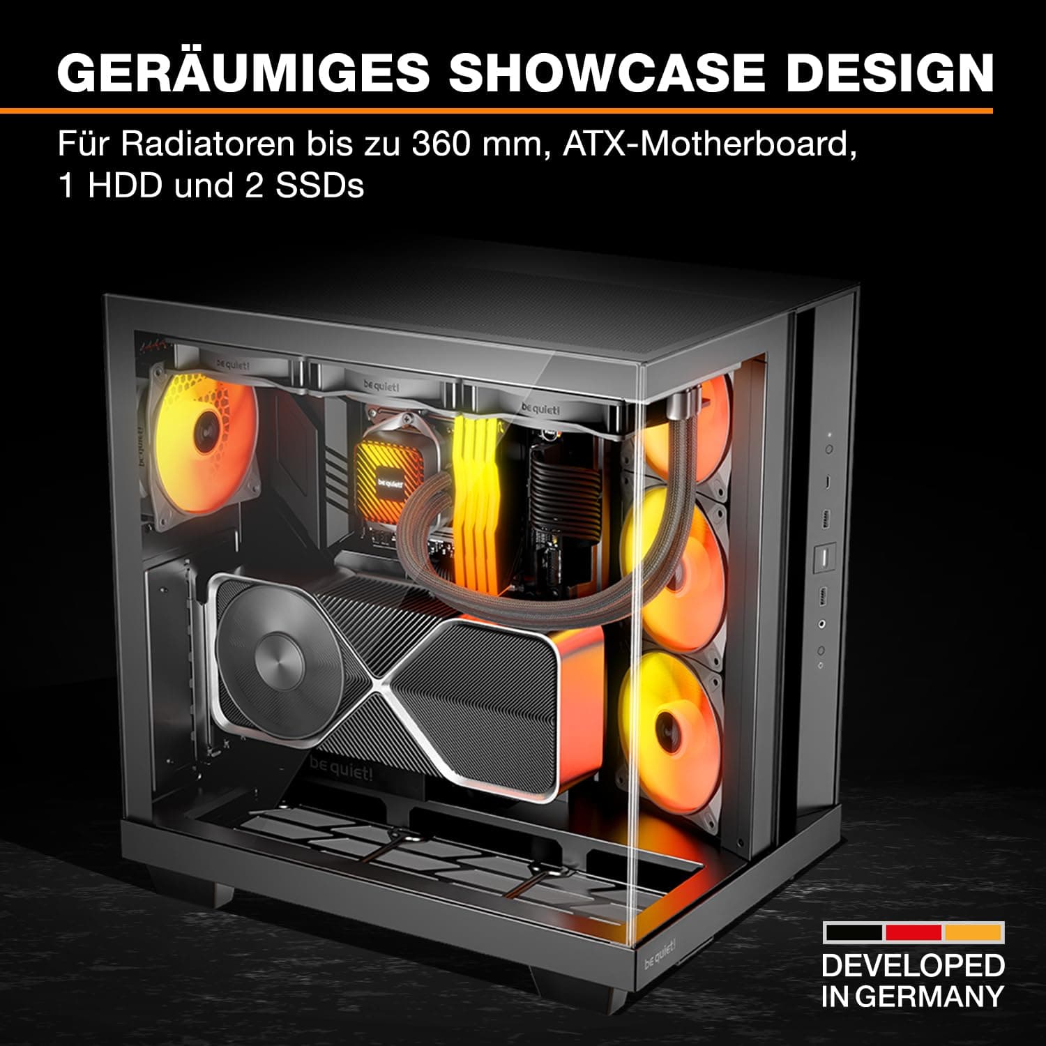 be quiet! Light Base 500 LX Black PC-Gehäuse, vollständig verglaste Front- und Seitenpaneele, Show Case, Dual Chamber Design, ARGB-Lüfter-Hub, 4 Light Wings LX PWM-Lüfter, rückseitiges Anschlussdesign Bild 6