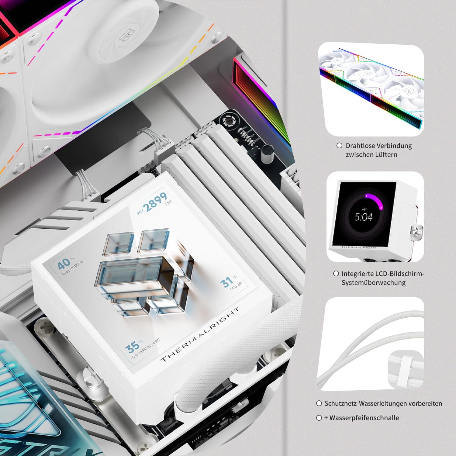 TR-Thermalright Peerless Vision 360 ARGB White Liquid CPU Kühler, 3,95 '' IPS LCD-Bildschirm mit 480x480 Auflösung-Magnetisch, 360mm Aio, CPU Lüfter-Wireless Spleißen, für AM4/AM5, LGA1851/1700/115x Bild 3