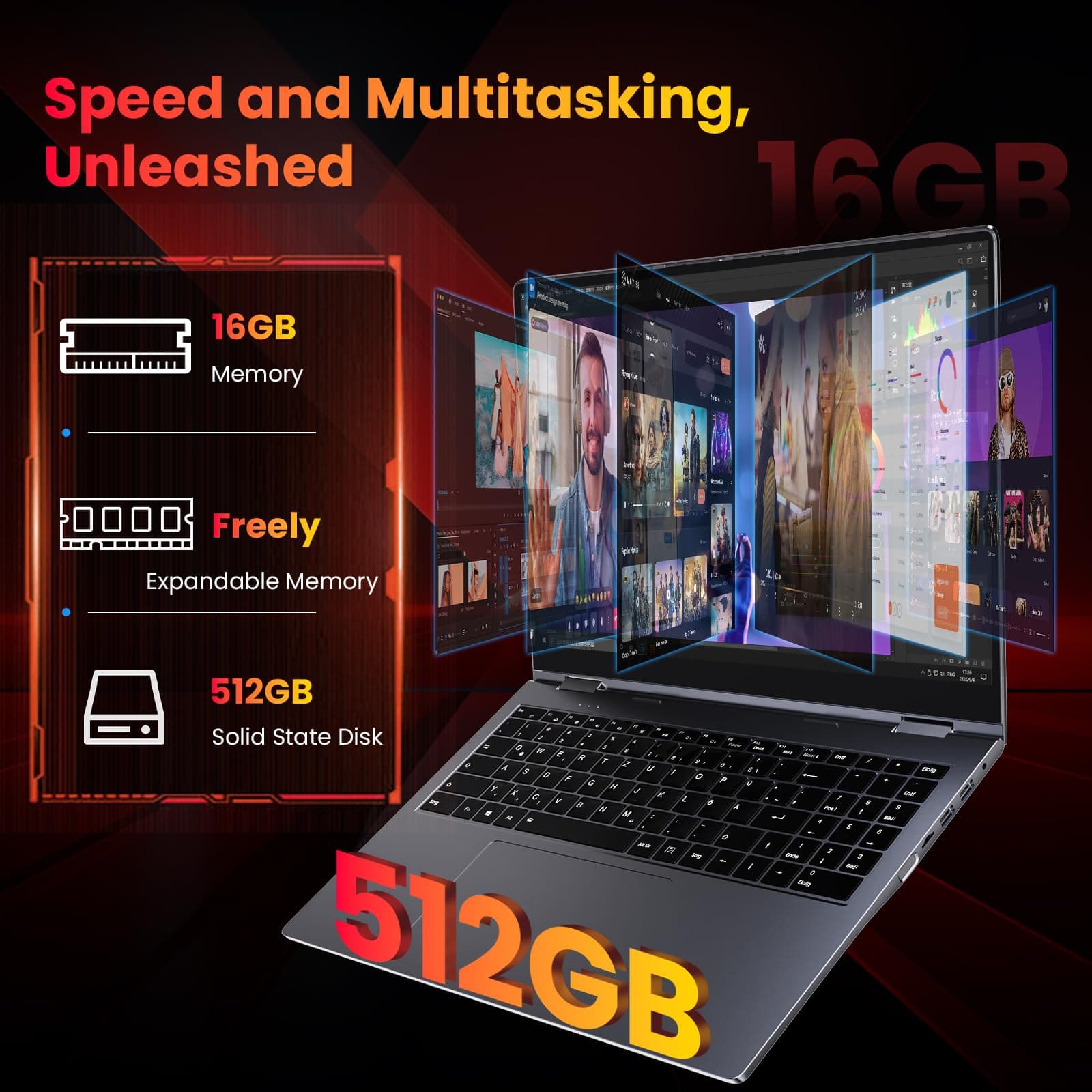 THEYETI 16 Zoll Laptop, Ryzen 3 Prozessor bis zu 3.5GHz (Beat N95), 16GB RAM 512GB Storage, Beleuchtete Tastatu, Fingerabdruckleser, WiFi 6, Bluetooth 5.2, IPS FHD Touchscreen Laptops for Students Graphitgrau 16.0 Zoll Bild 3